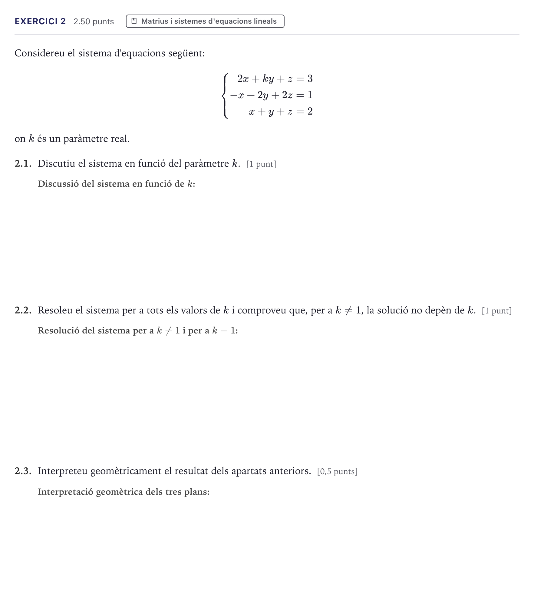 Enunciado: Exercici 2 · Matemáticas II Selectividad Cataluña Setembre Serie 2 2026