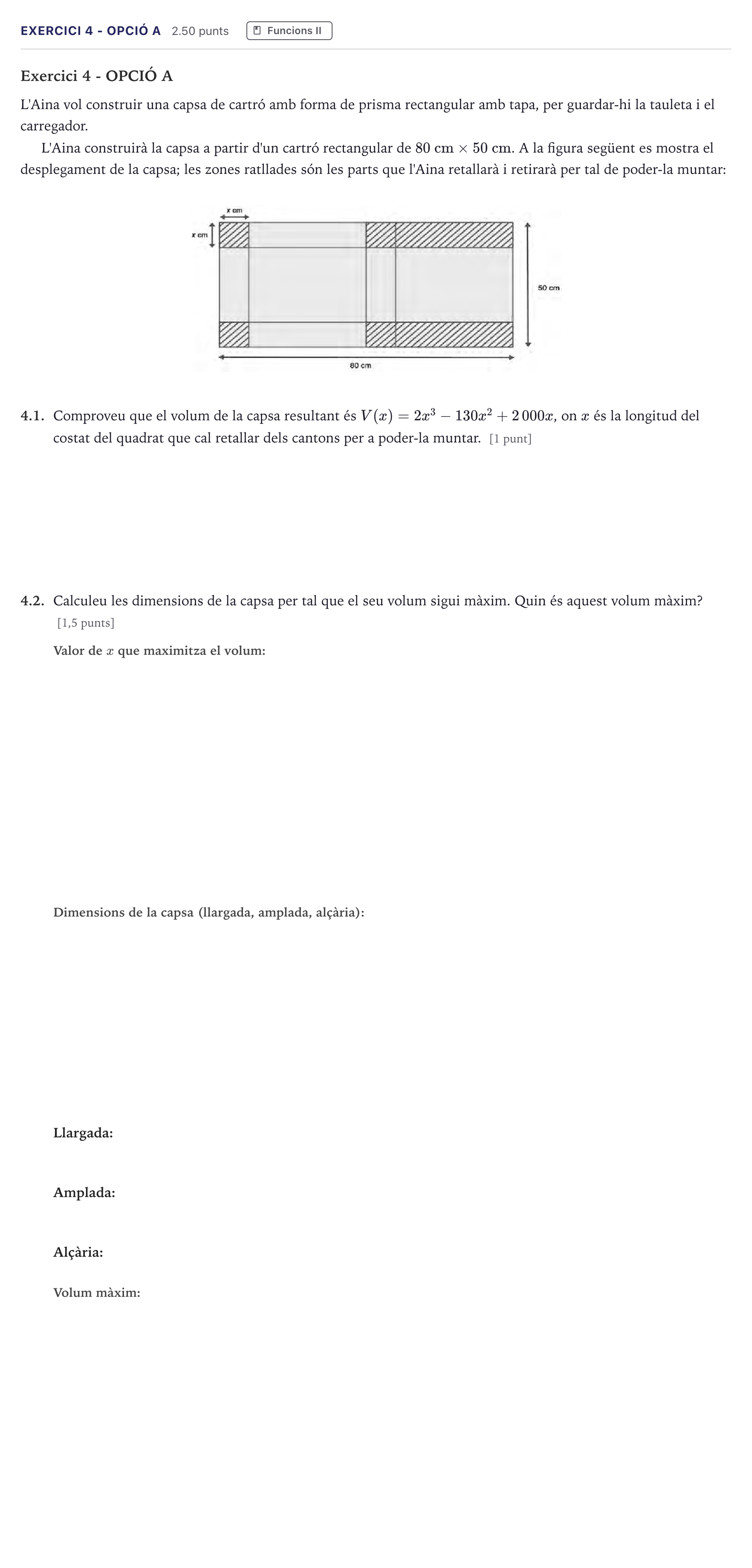 Enunciado: Exercici 4 - Opció A · Matemáticas II Selectividad Cataluña Setembre Serie 2 2026