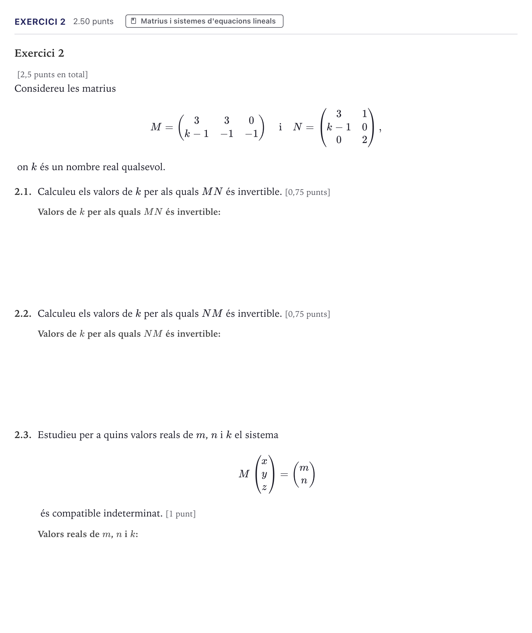 Enunciado: Exercici 2 · Matemáticas II Selectividad Cataluña Juny Serie 5 2026