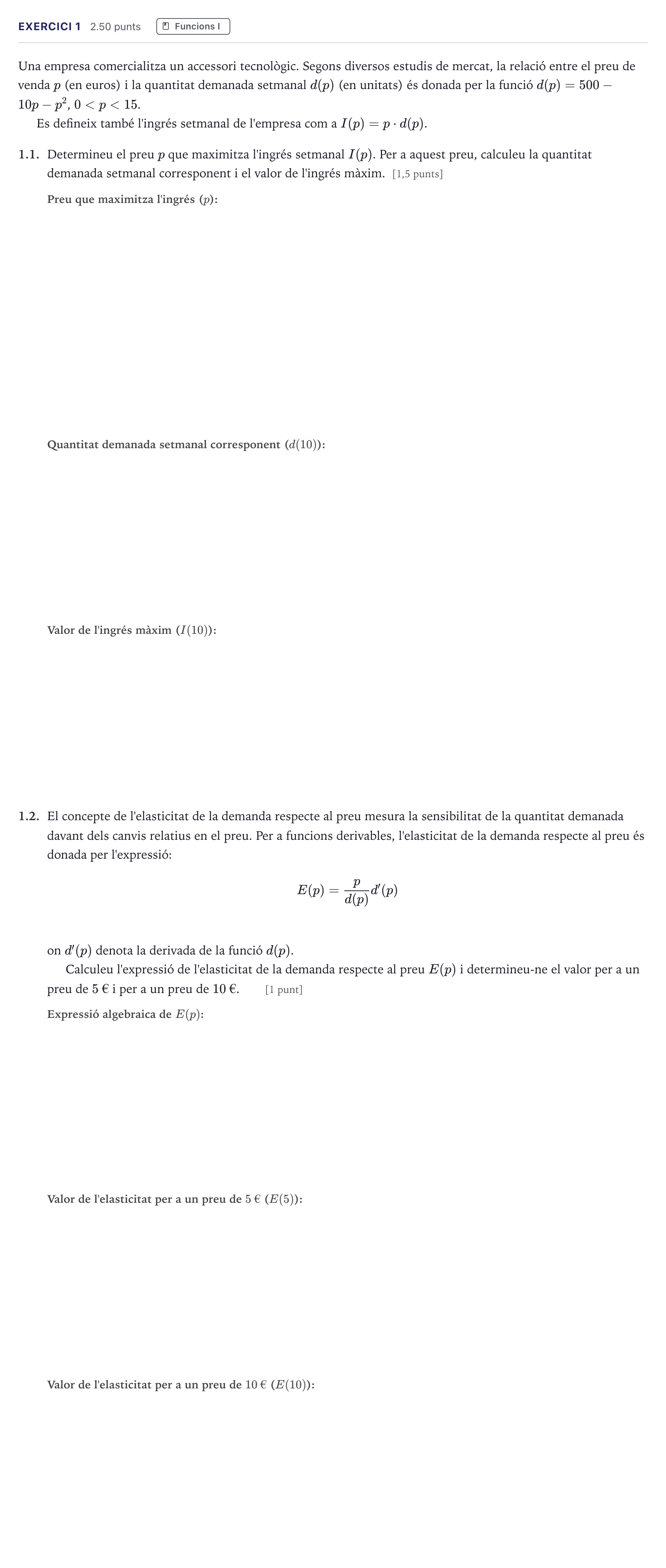 Enunciado: Exercici 1 · Matemáticas aplicadas a las Ciencias Sociales II Selectividad Cataluña Setembre Serie 2 2026