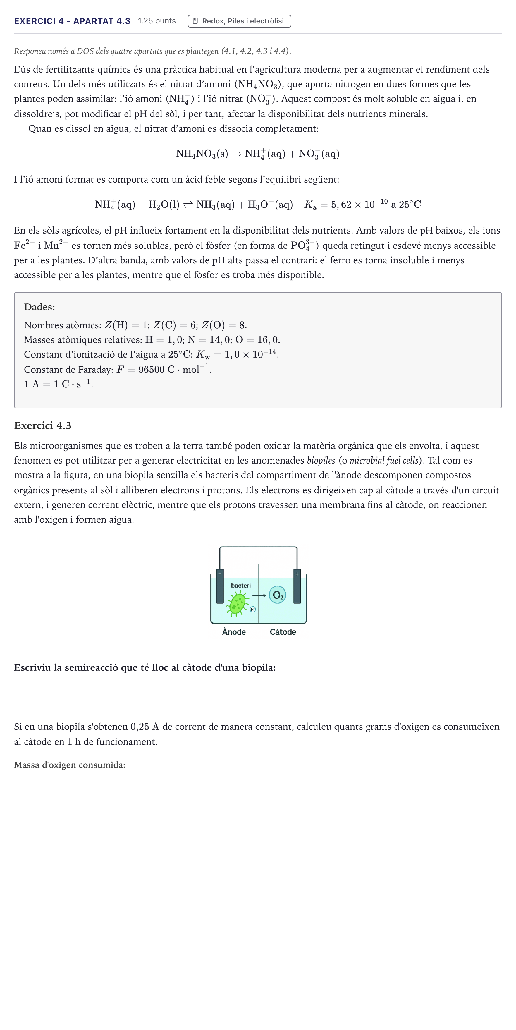 Enunciado: Exercici 4 - Apartat 4.3 · Química Selectividad Cataluña Setembre Serie 2 2026