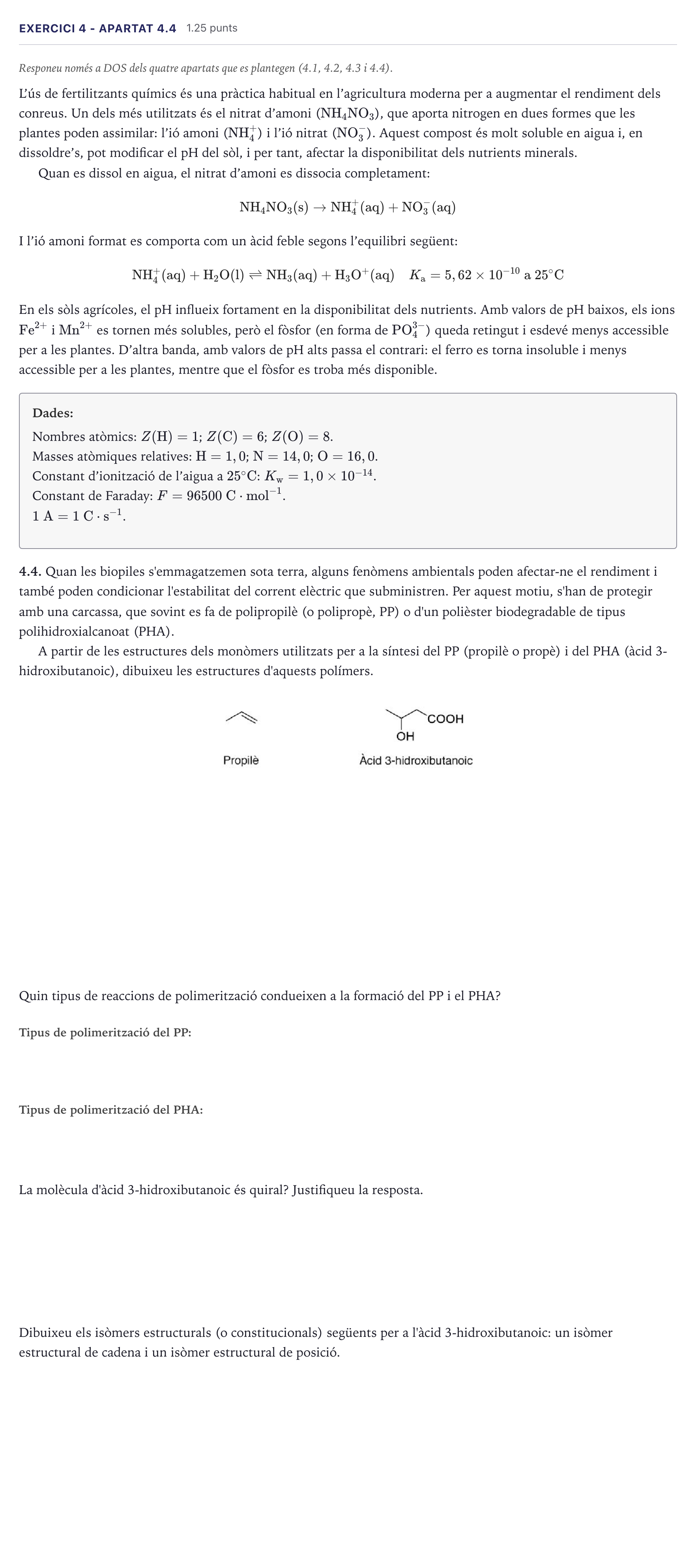 Enunciado: Exercici 4 - Apartat 4.4 · Química Selectividad Cataluña Setembre Serie 2 2026