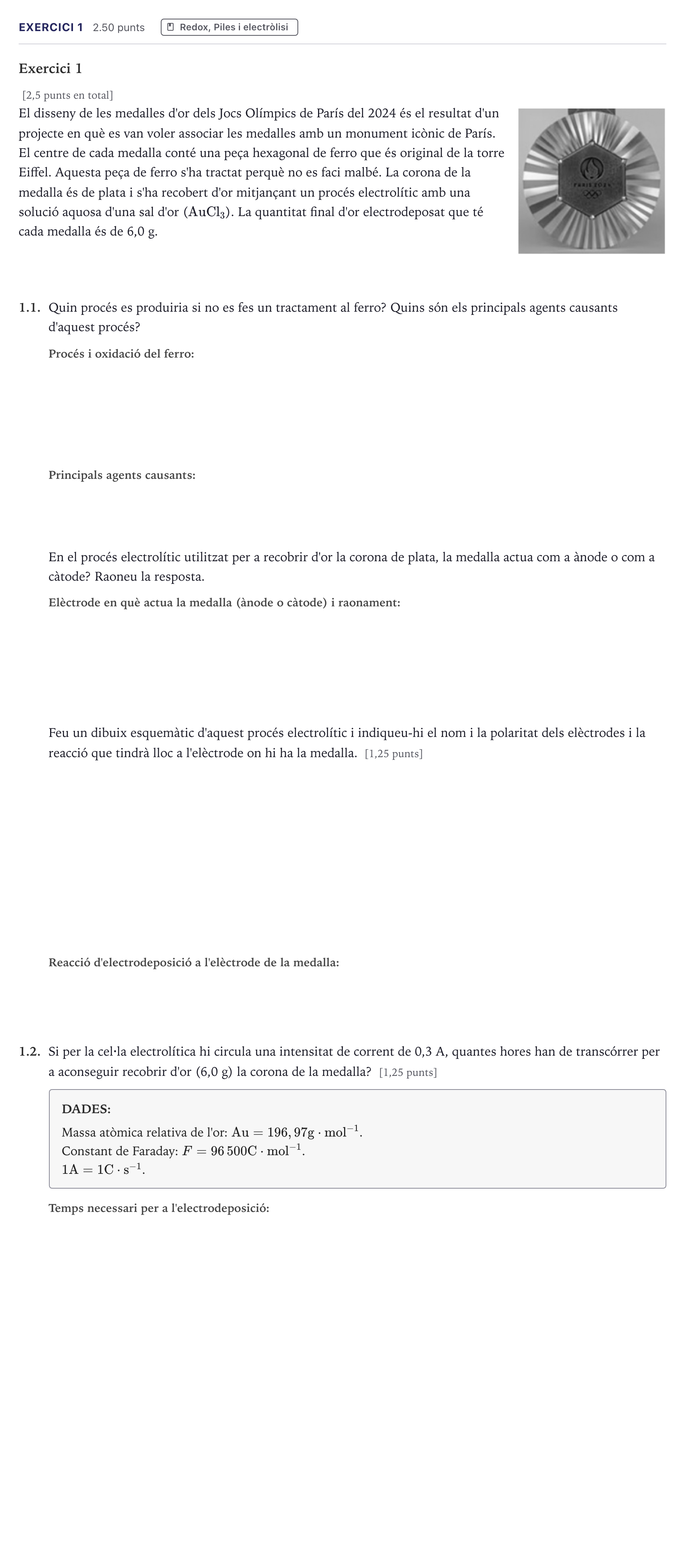 Enunciado: Exercici 1 · Química Selectividad Cataluña Juny Serie 5 2026