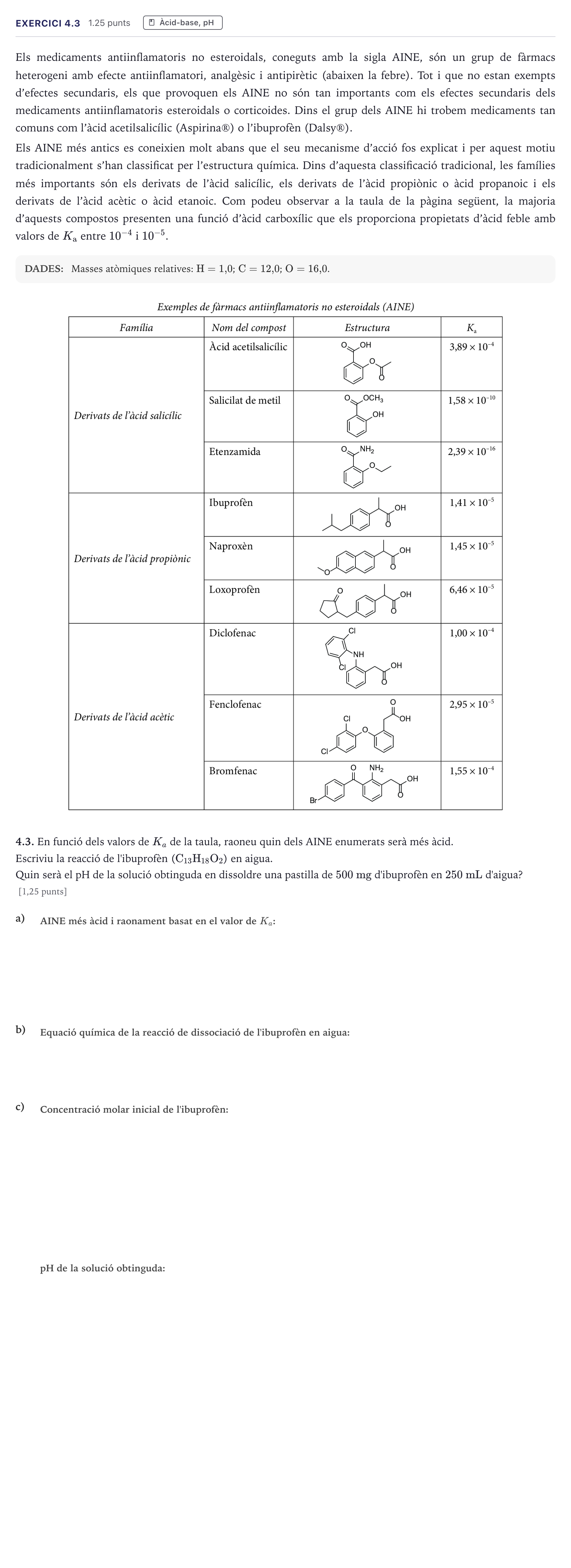 Enunciado: Exercici 4.3 · Química Selectividad Cataluña Juny Serie 5 2026