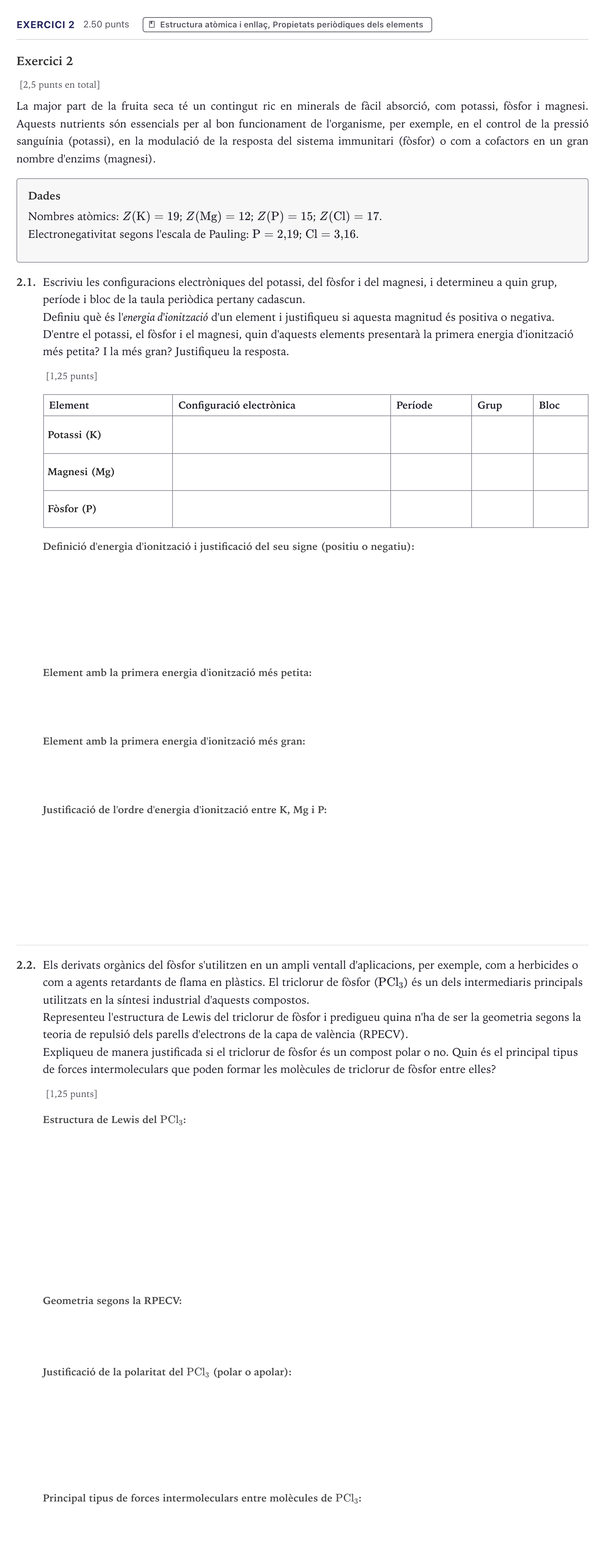 Enunciado: Exercici 2 · Química Selectividad Cataluña Juny Serie 1 2026