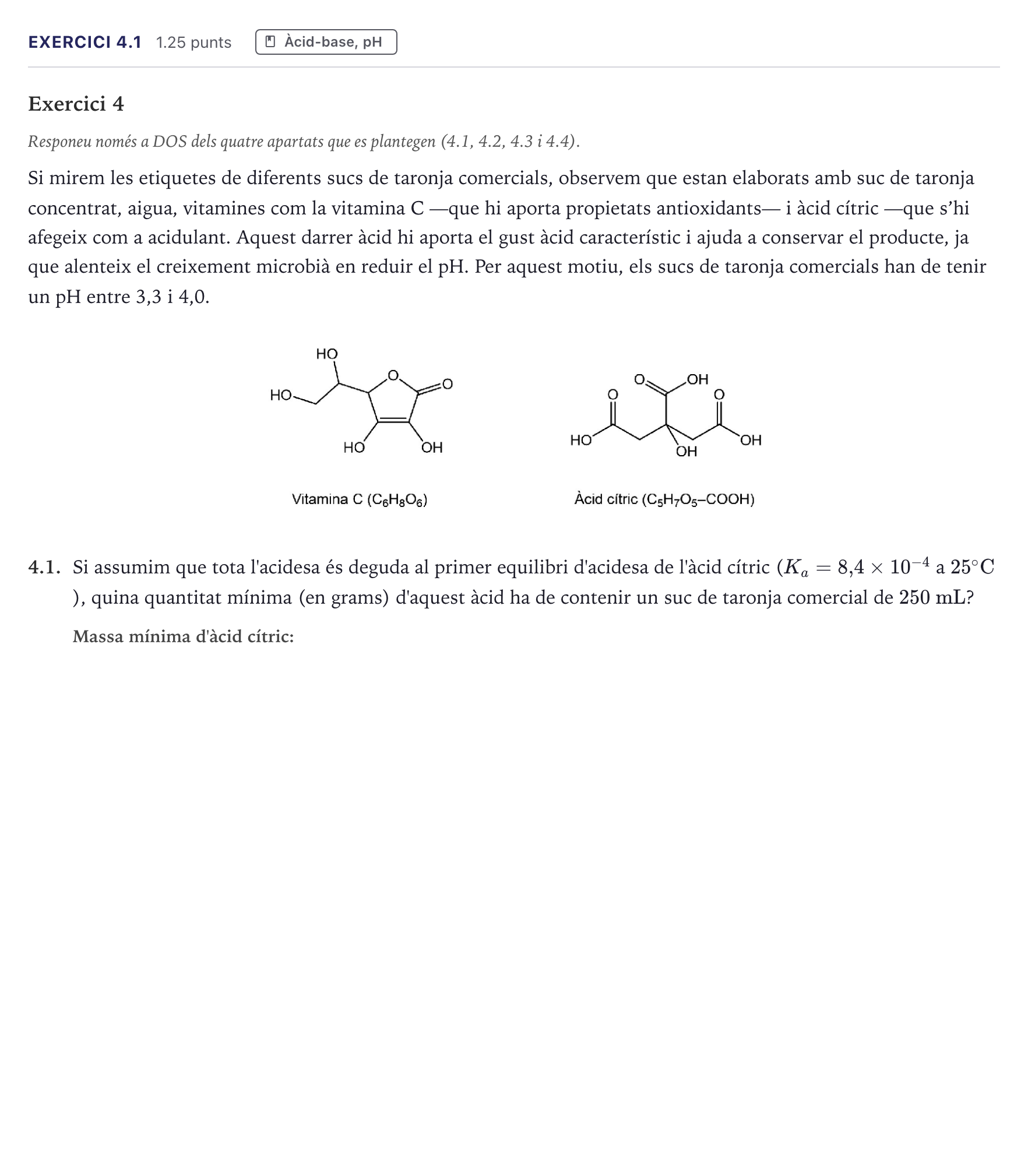 Enunciado: Exercici 4.1 · Química Selectividad Cataluña Juny Serie 1 2026