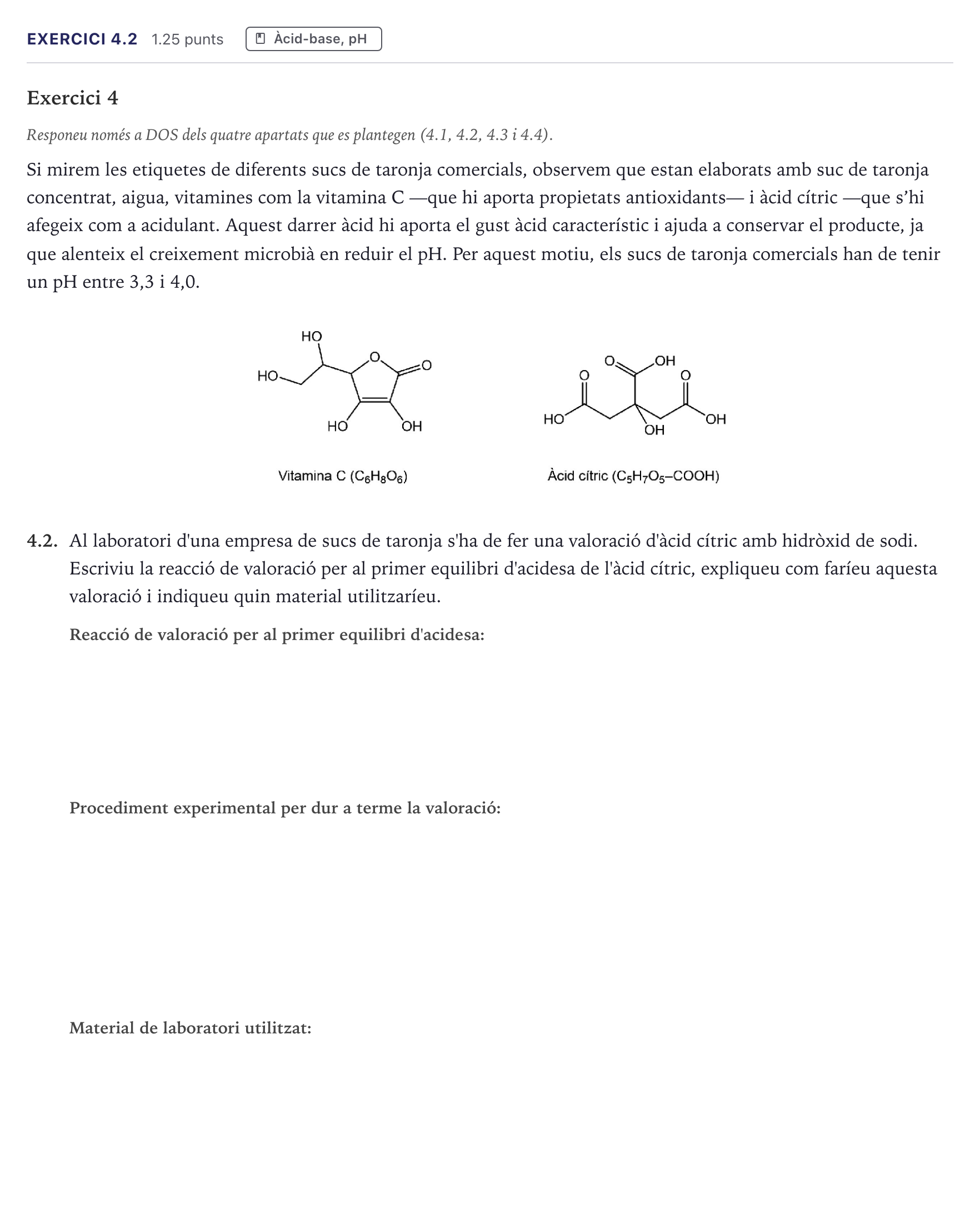 Enunciado: Exercici 4.2 · Química Selectividad Cataluña Juny Serie 1 2026