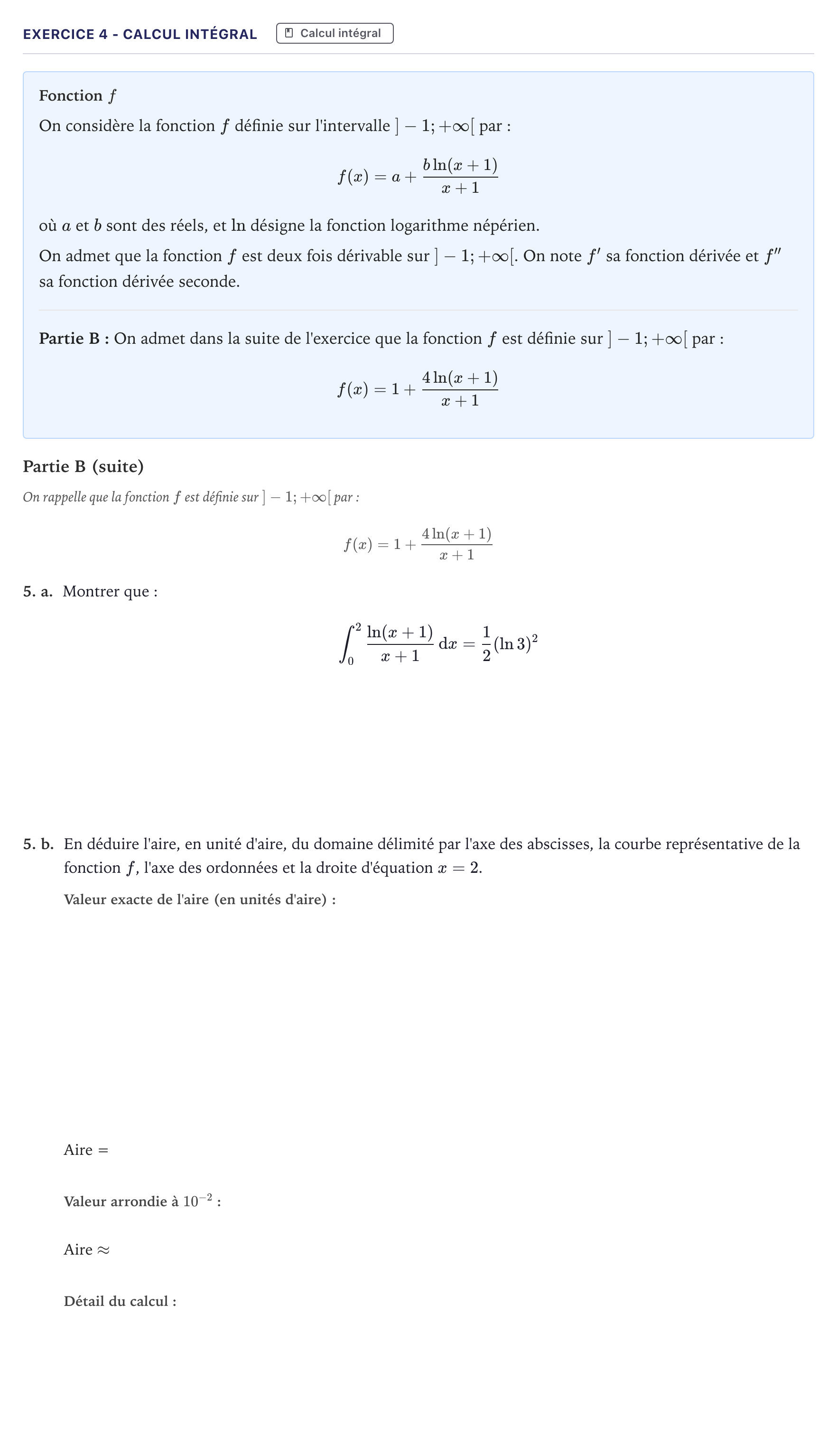 Énoncé: Exercice 4 - Calcul intégral · Bac Mathématiques Métropole 2026 (sujet 1)
