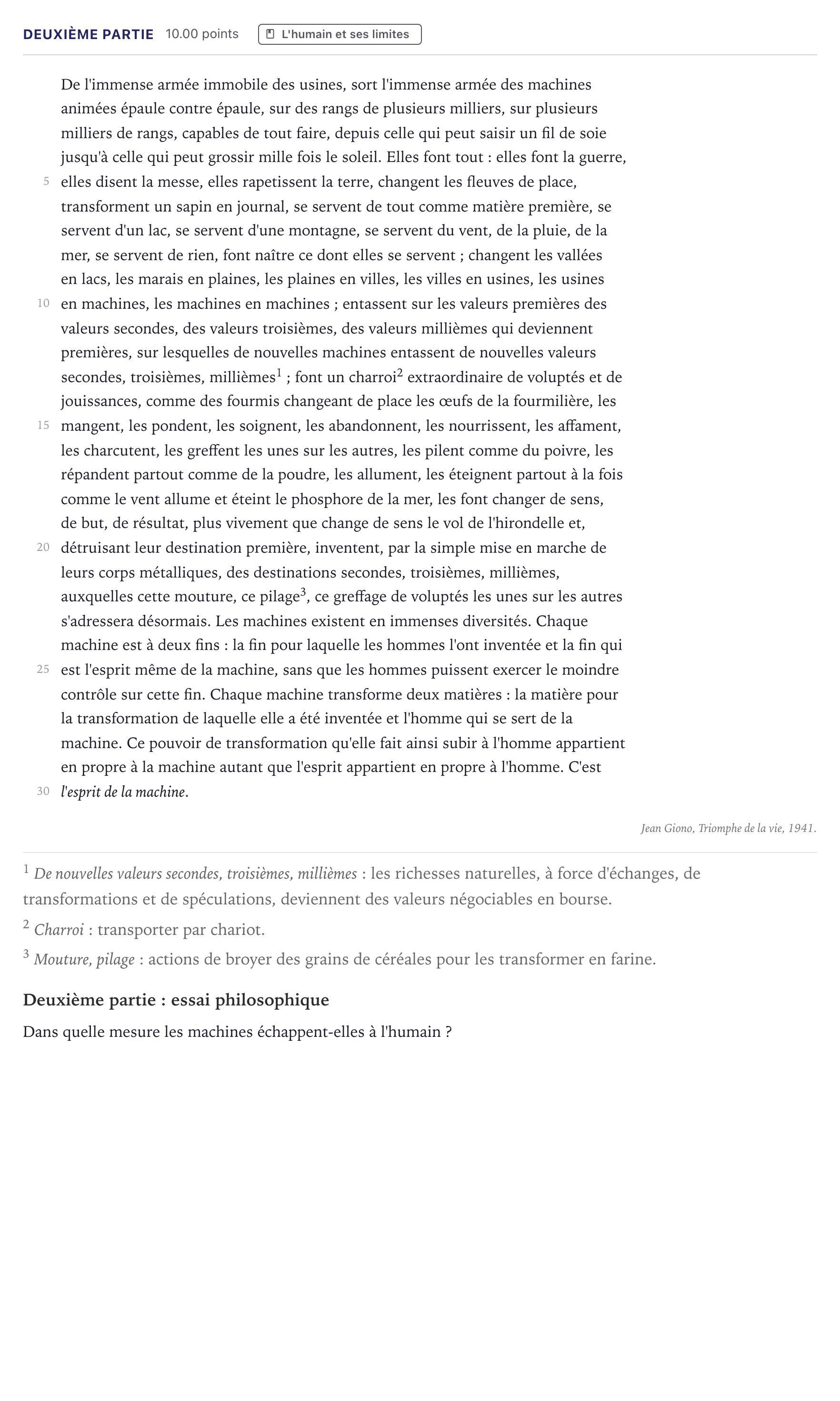 Énoncé: Exercice Deuxième partie · Bac Humanités, Littérature et Philosophie Métropole 2026 (sujet 1)