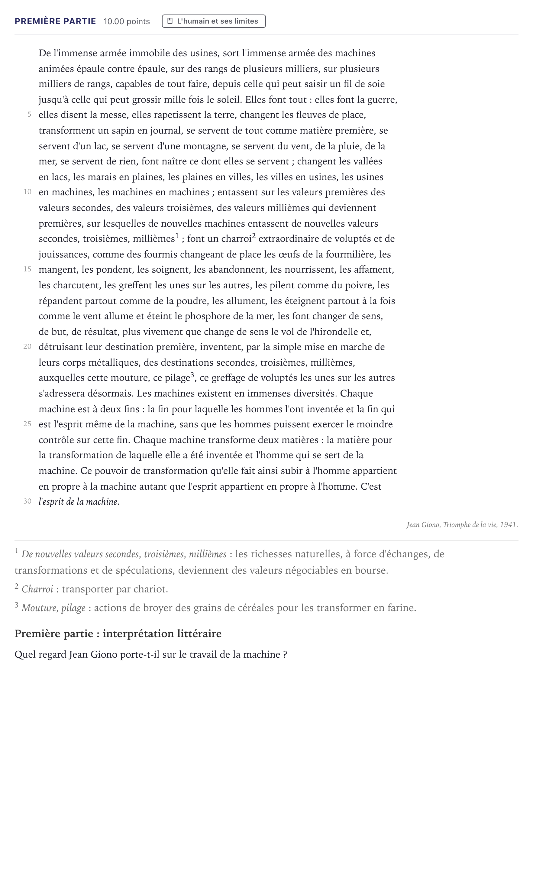 Énoncé: Exercice Première partie · Bac Humanités, Littérature et Philosophie Métropole 2026 (sujet 1)