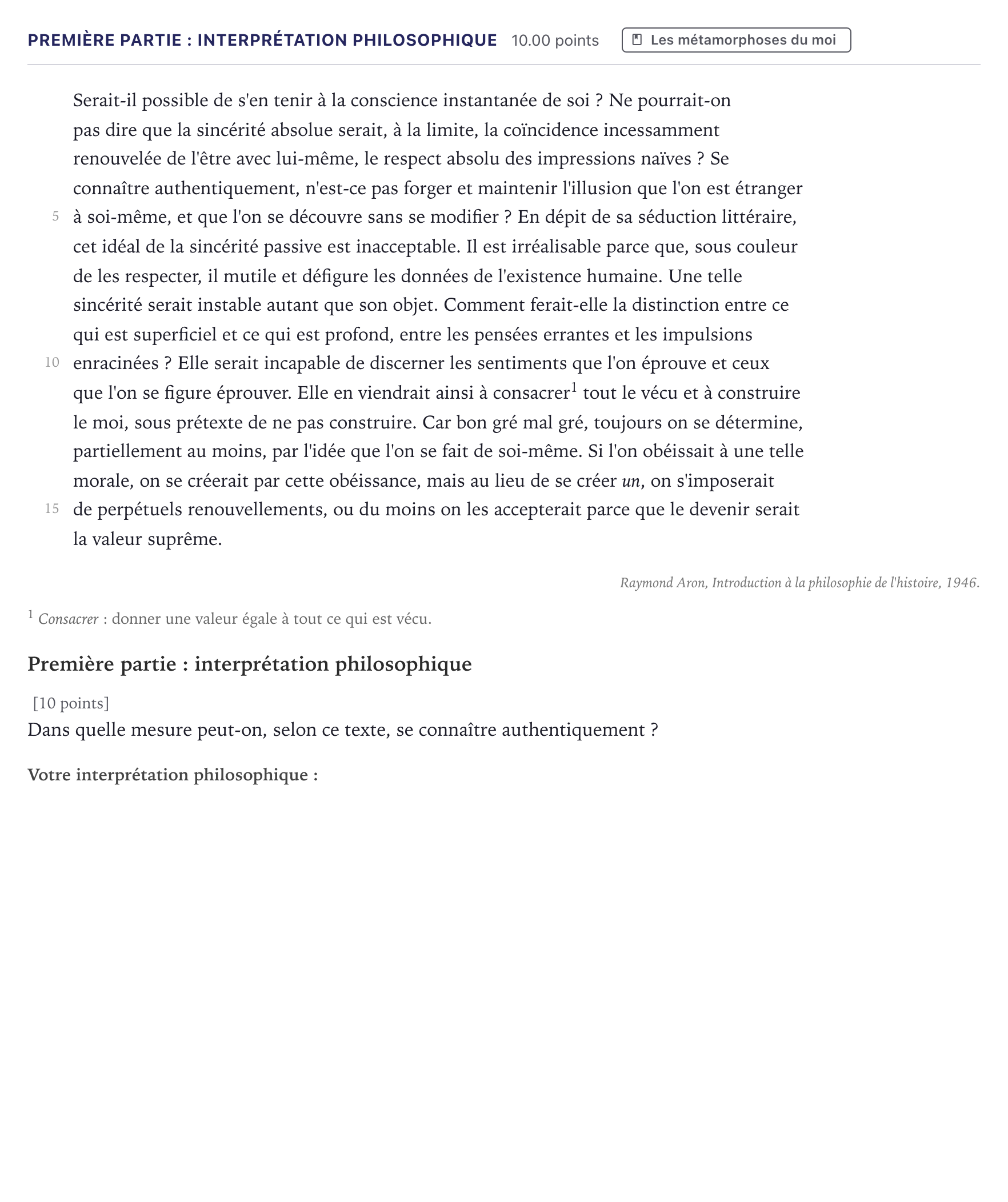 Énoncé: Exercice Première partie : interprétation philosophique · Bac Humanités, Littérature et Philosophie Métropole 2026 (sujet 2)
