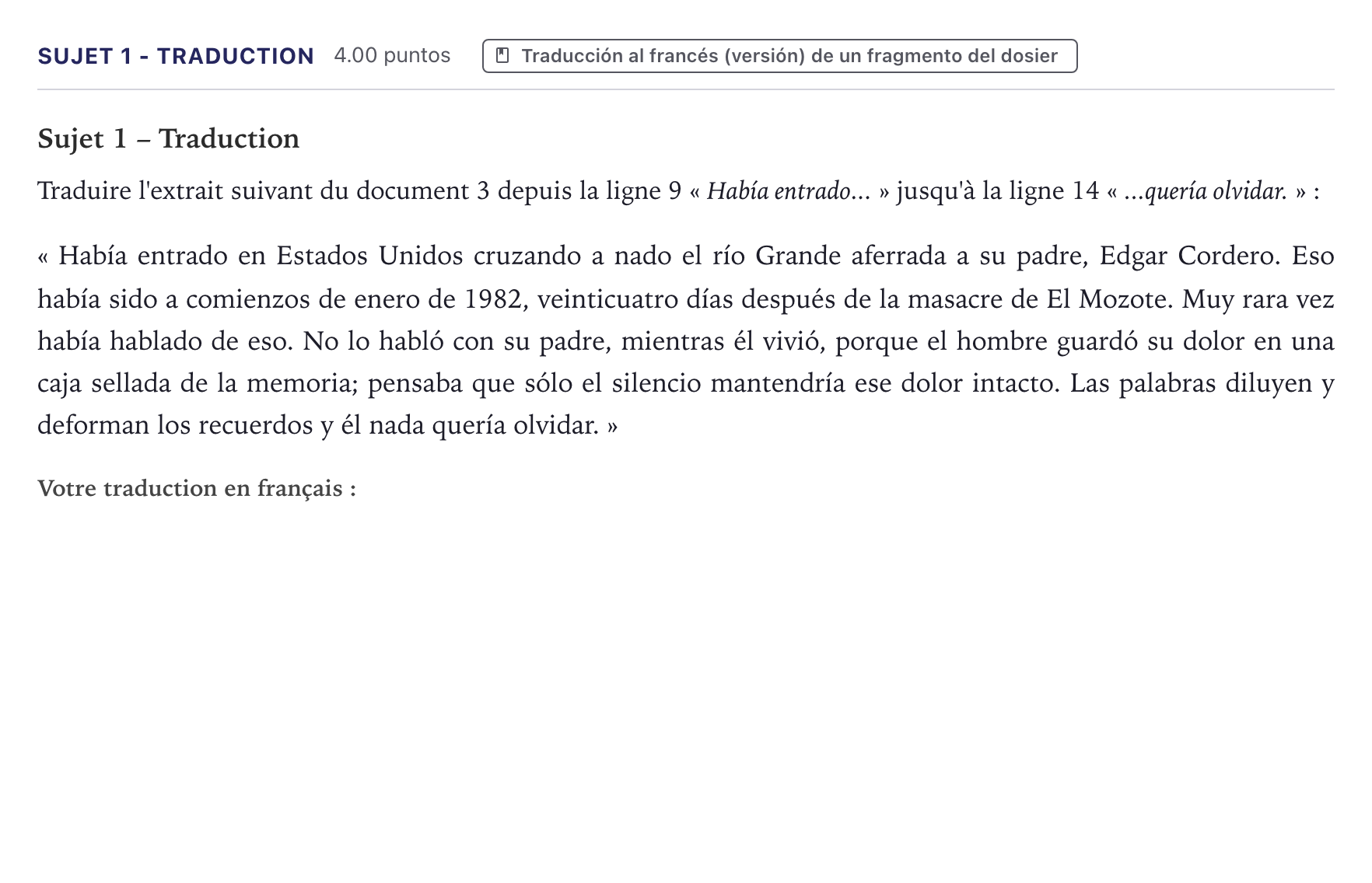 Énoncé: Sujet 1 - Traduction · Bac Espagnol Métropole 2026