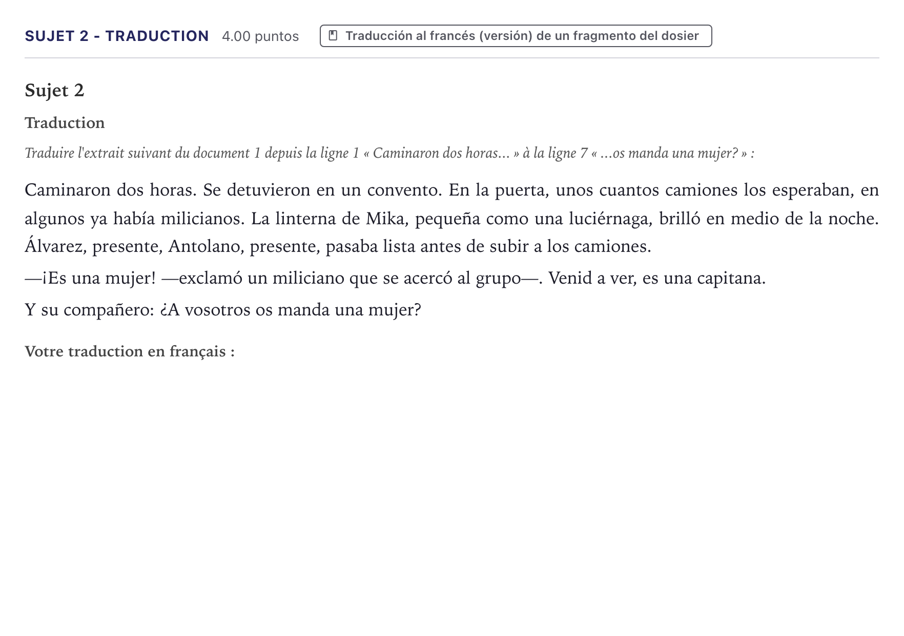 Énoncé: Sujet 2 - Traduction · Bac Espagnol Métropole 2026