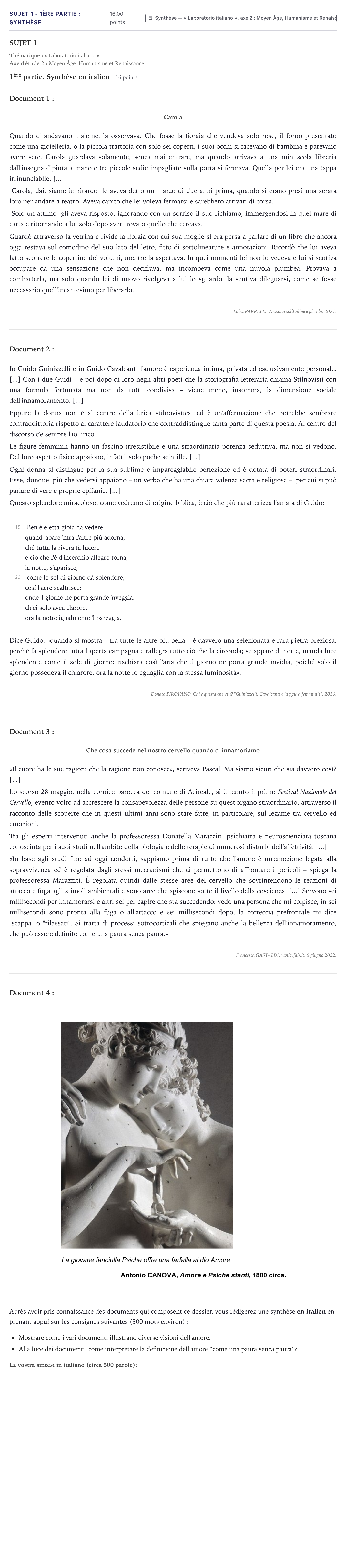 Énoncé: Sujet 1 - 1ère partie : Synthèse · Bac Italien Métropole 2026
