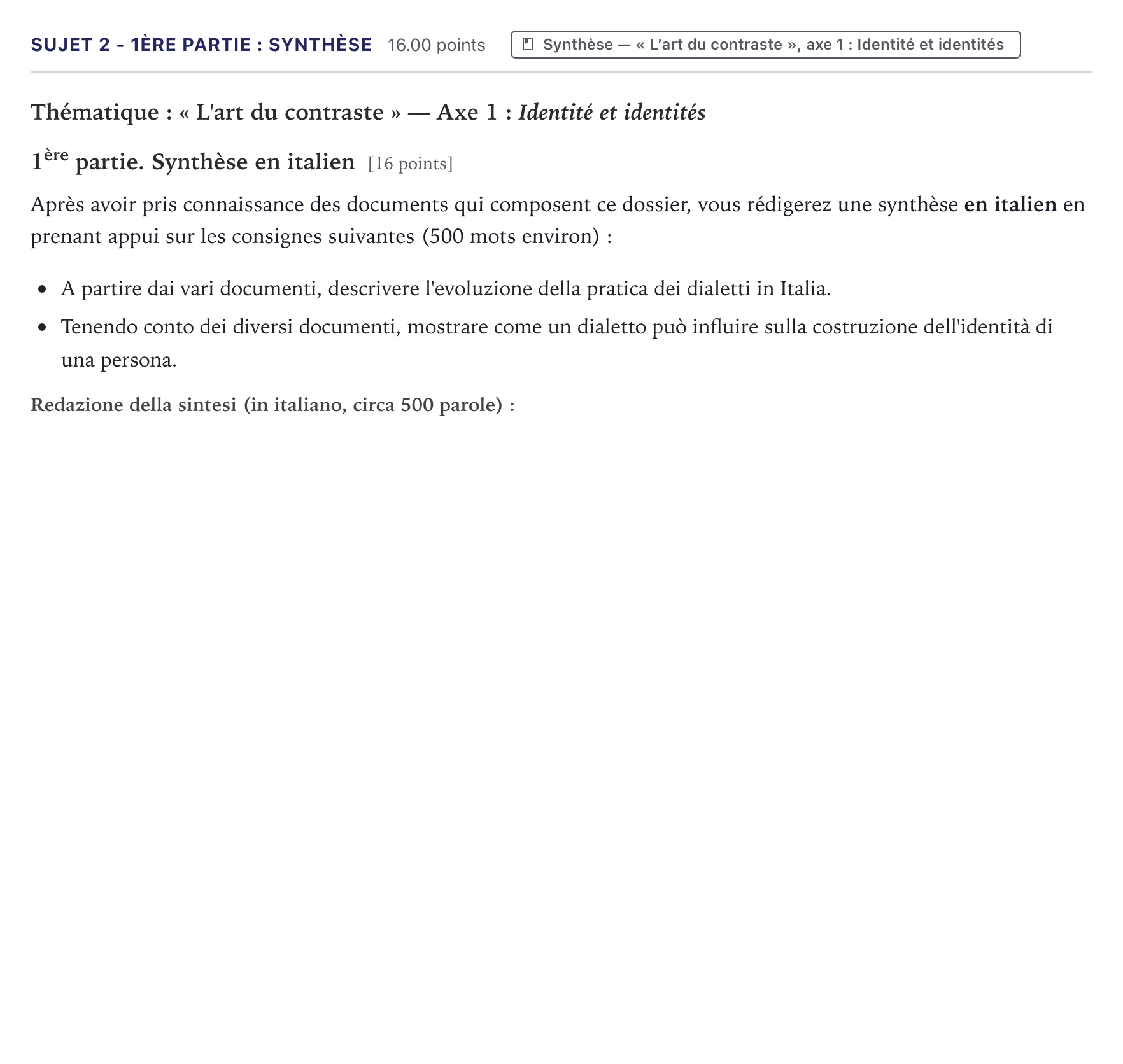 Énoncé: Sujet 2 - 1ère partie : Synthèse · Bac Italien Métropole 2026