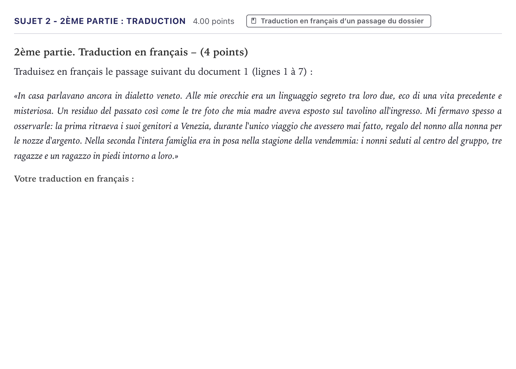 Énoncé: Sujet 2 - 2ème partie : Traduction · Bac Italien Métropole 2026
