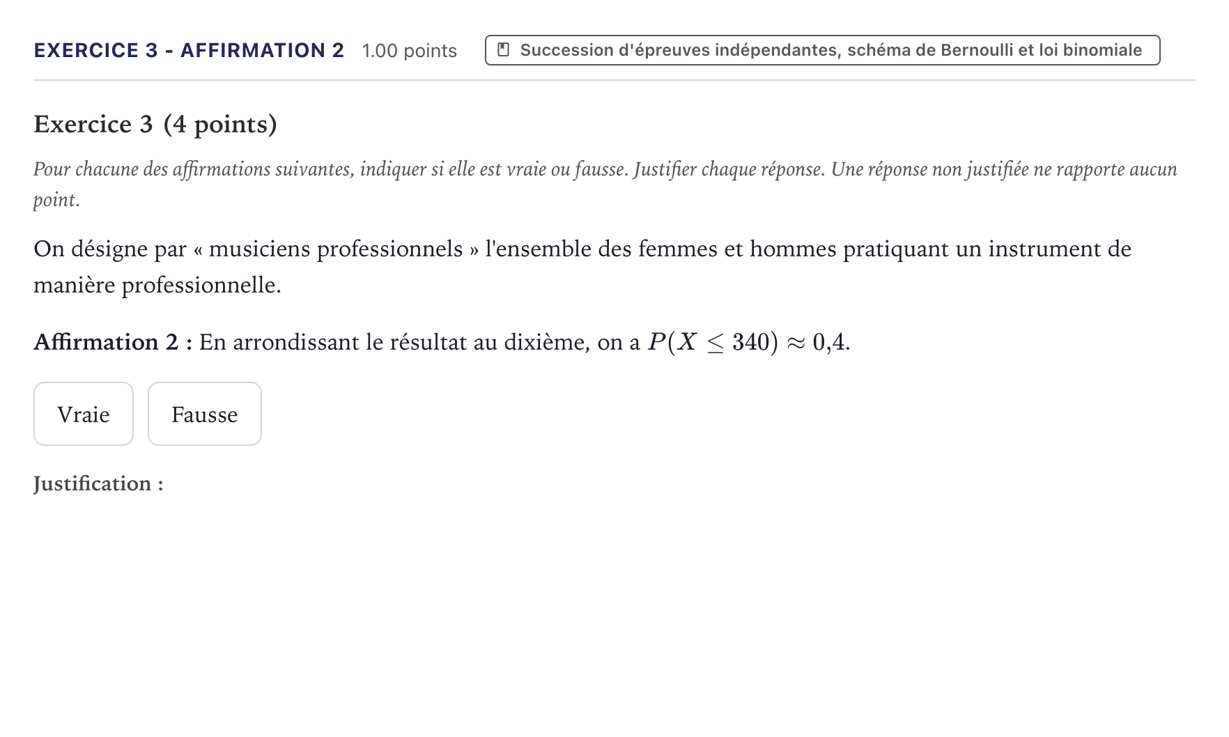 Énoncé: Exercice 3 - Affirmation 2 · Bac Mathématiques Métropole 2026 (sujet 2)