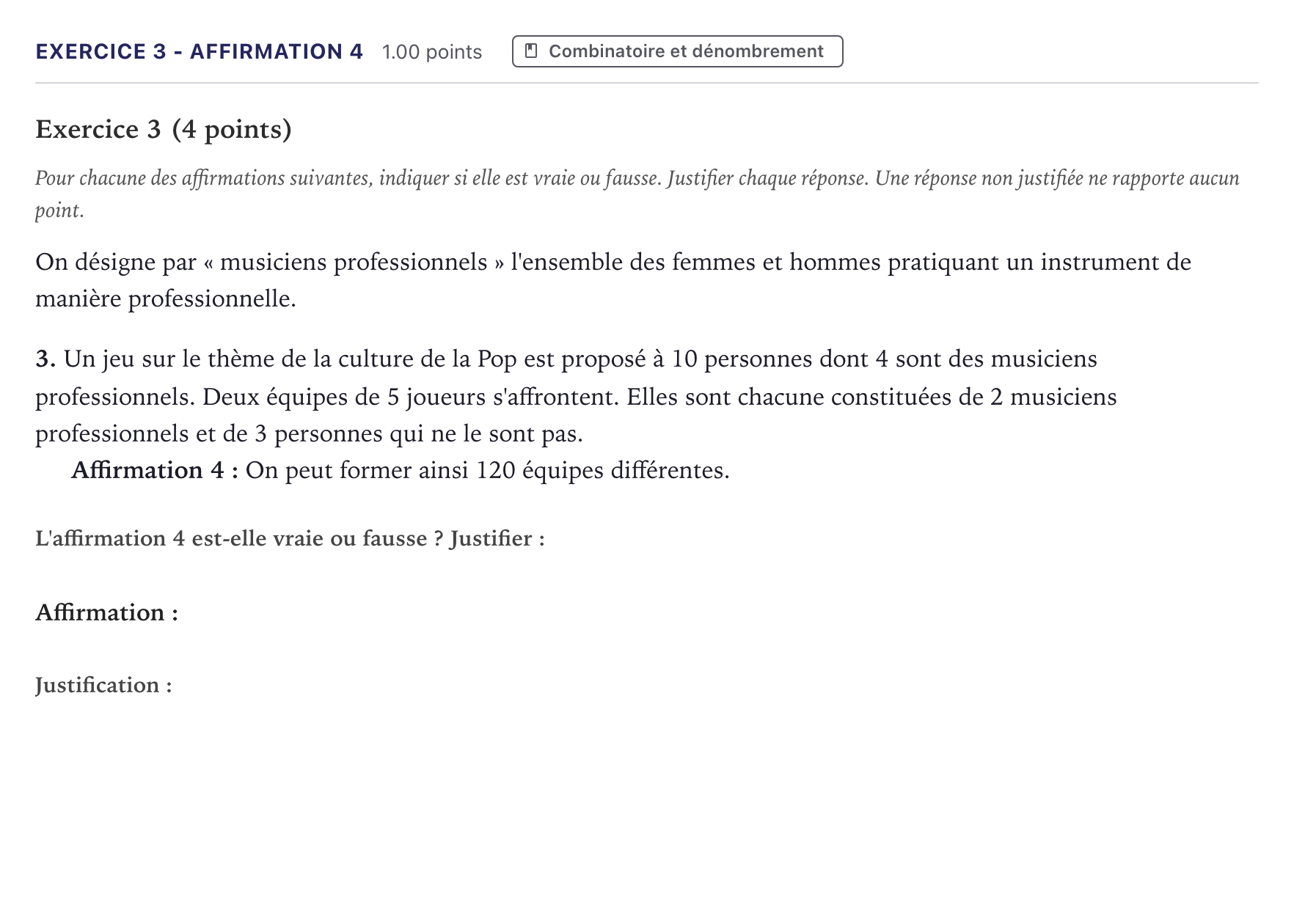 Énoncé: Exercice 3 - Affirmation 4 · Bac Mathématiques Métropole 2026 (sujet 2)