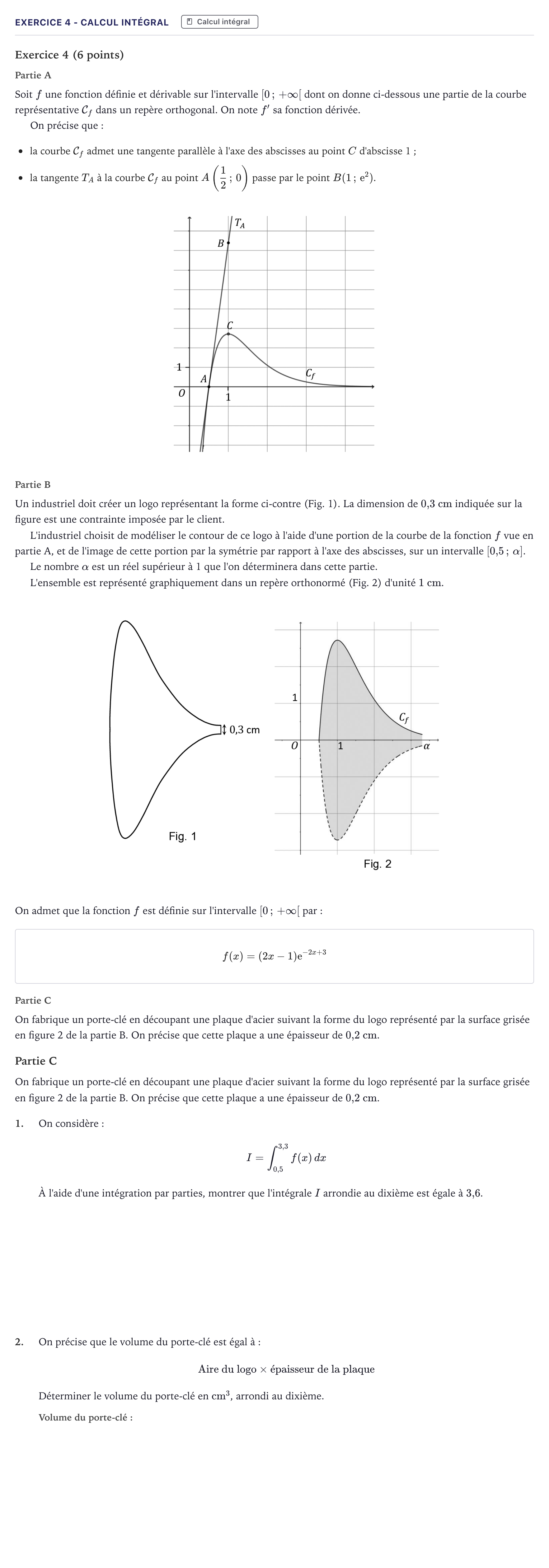 Énoncé: Exercice 4 - Calcul intégral · Bac Mathématiques Métropole 2026 (sujet 2)
