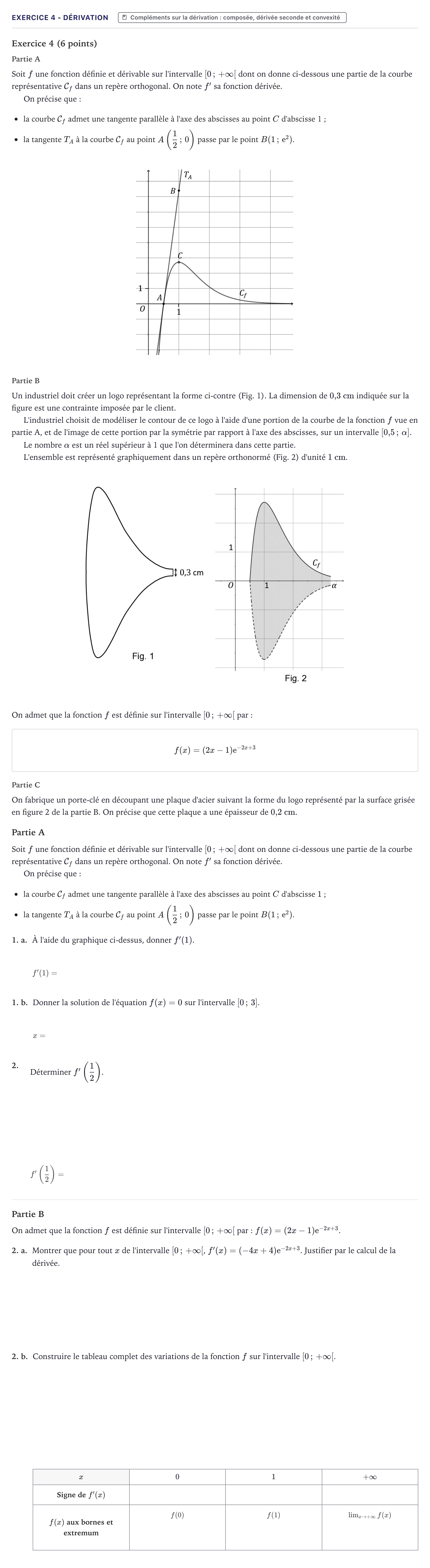 Énoncé: Exercice 4 - Dérivation · Bac Mathématiques Métropole 2026 (sujet 2)