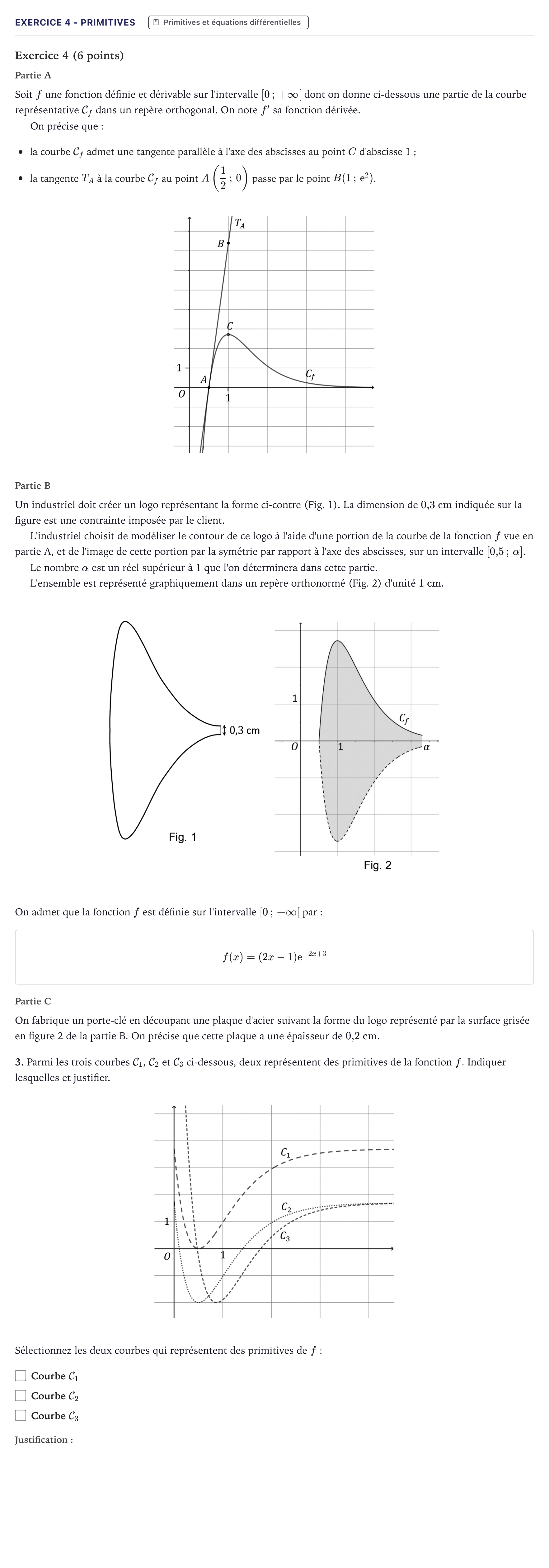Énoncé: Exercice 4 - Primitives · Bac Mathématiques Métropole 2026 (sujet 2)