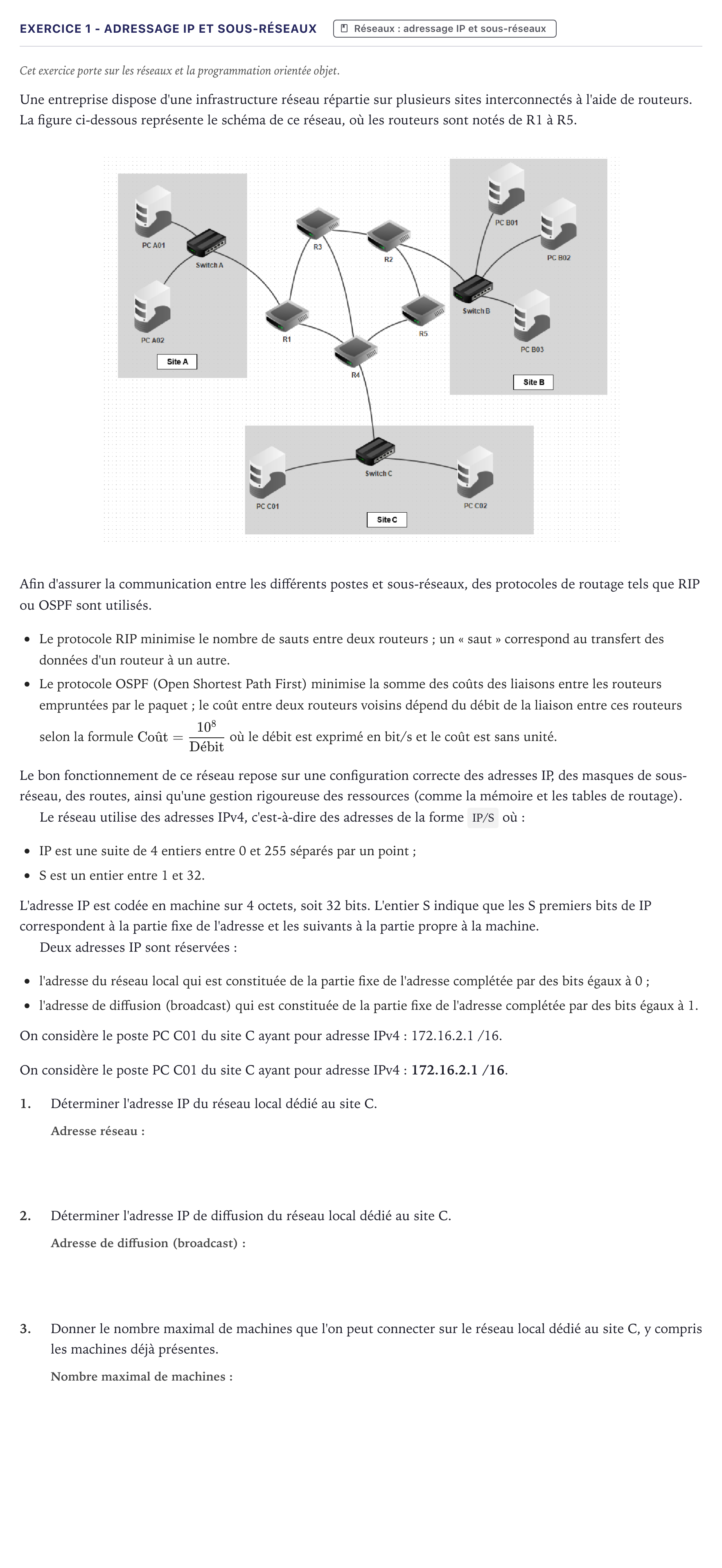 Énoncé: Exercice 1 - Adressage IP et sous-réseaux · Bac Numérique et Sciences Informatiques Métropole 2026 (sujet 2)