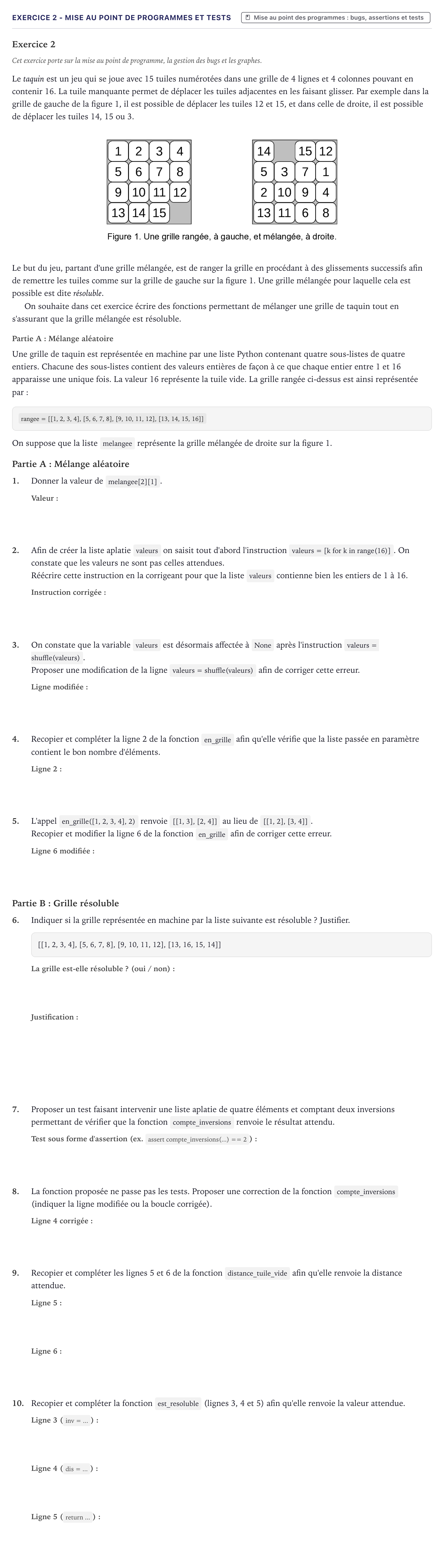 Énoncé: Exercice 2 - Mise au point de programmes et tests · Bac Numérique et Sciences Informatiques Métropole 2026 (sujet 2)