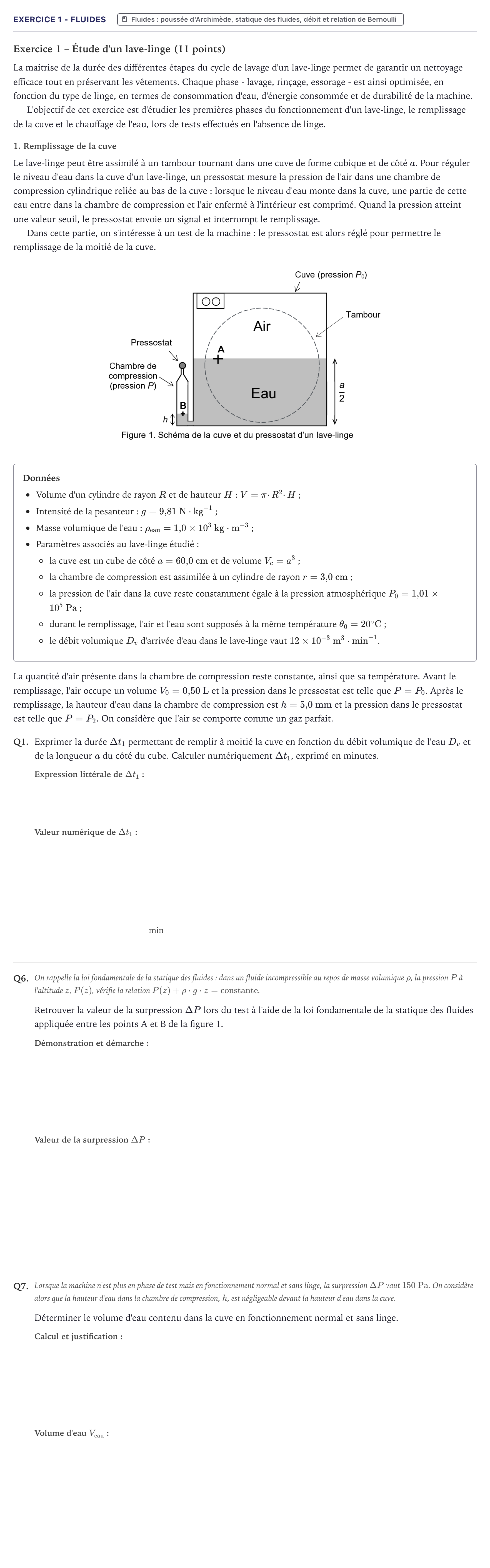 Énoncé: Exercice 1 - Fluides · Bac Physique-Chimie Métropole 2026 (sujet 1)