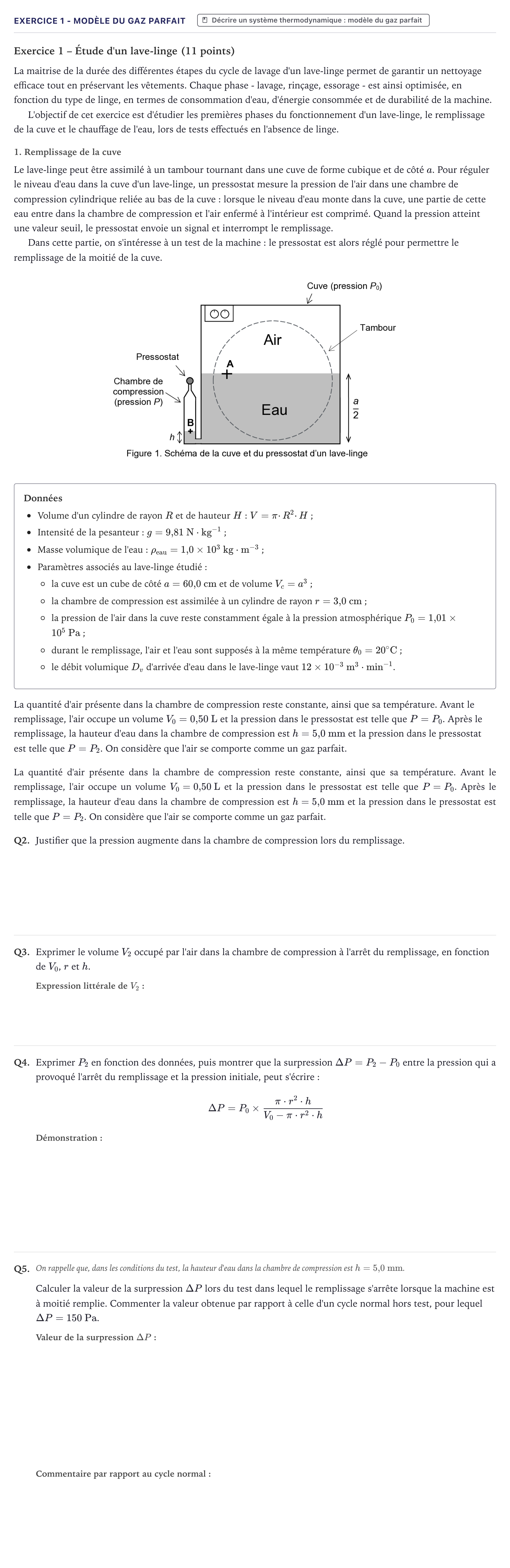 Énoncé: Exercice 1 - Modèle du gaz parfait · Bac Physique-Chimie Métropole 2026 (sujet 1)
