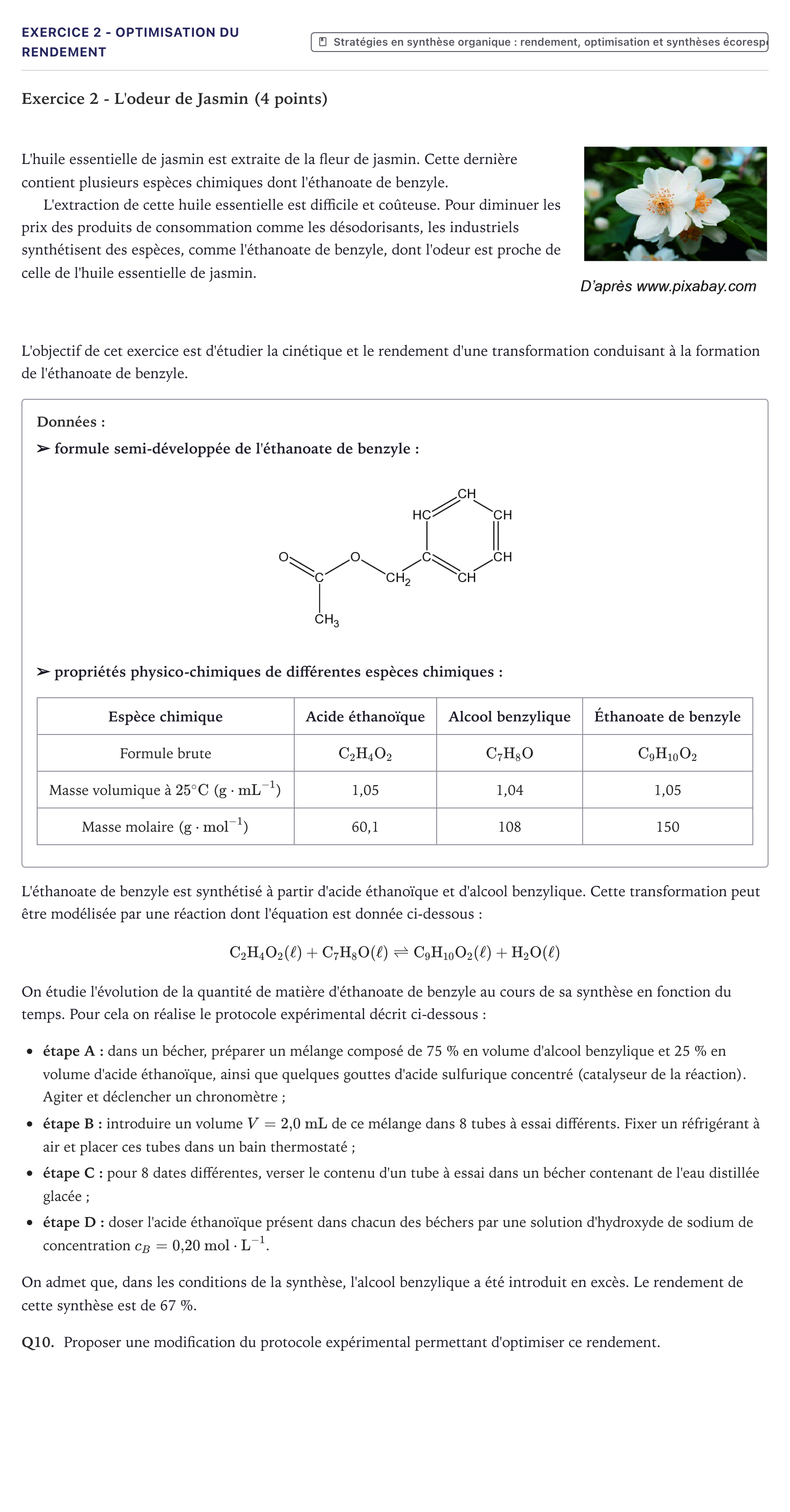 Énoncé: Exercice 2 - Optimisation du rendement · Bac Physique-Chimie Métropole 2026 (sujet 1)