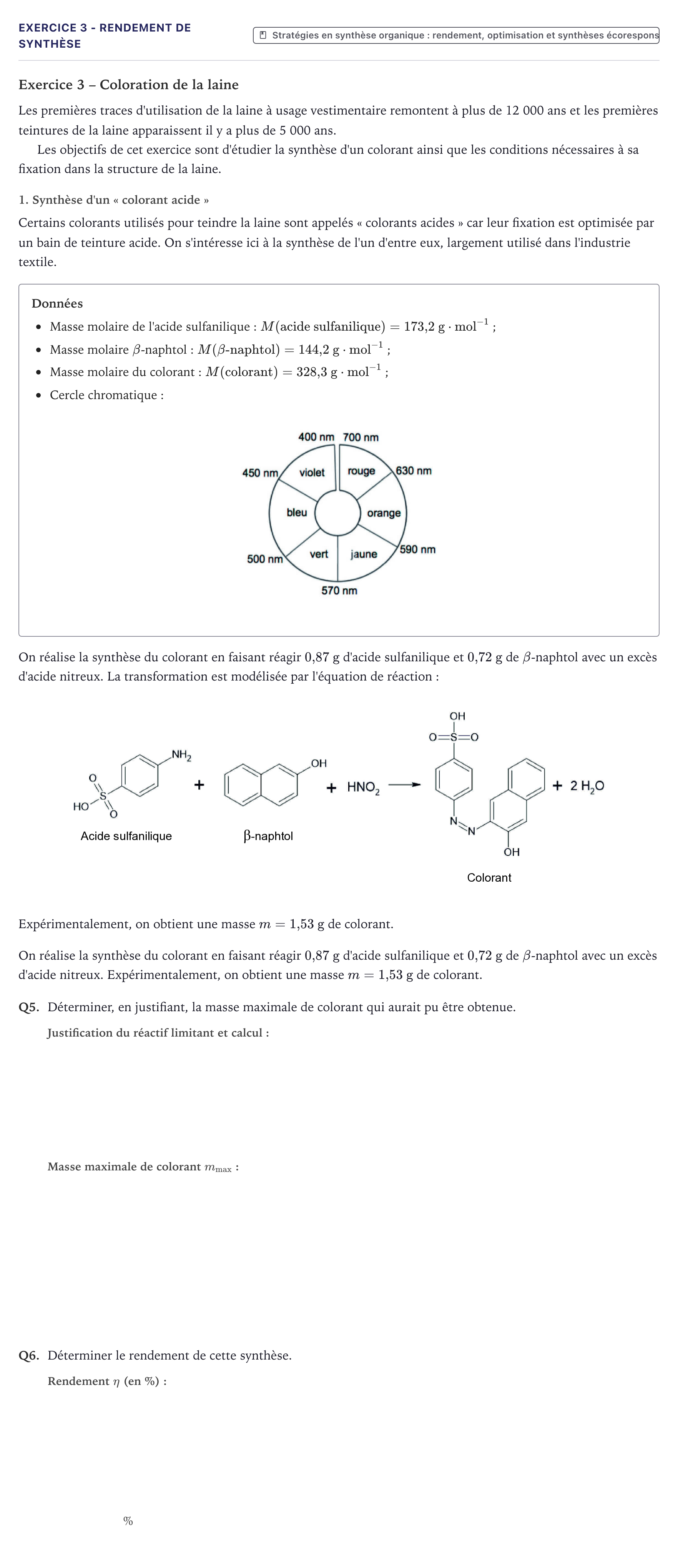 Énoncé: Exercice 3 - Rendement de synthèse · Bac Physique-Chimie Métropole 2026 (sujet 1)