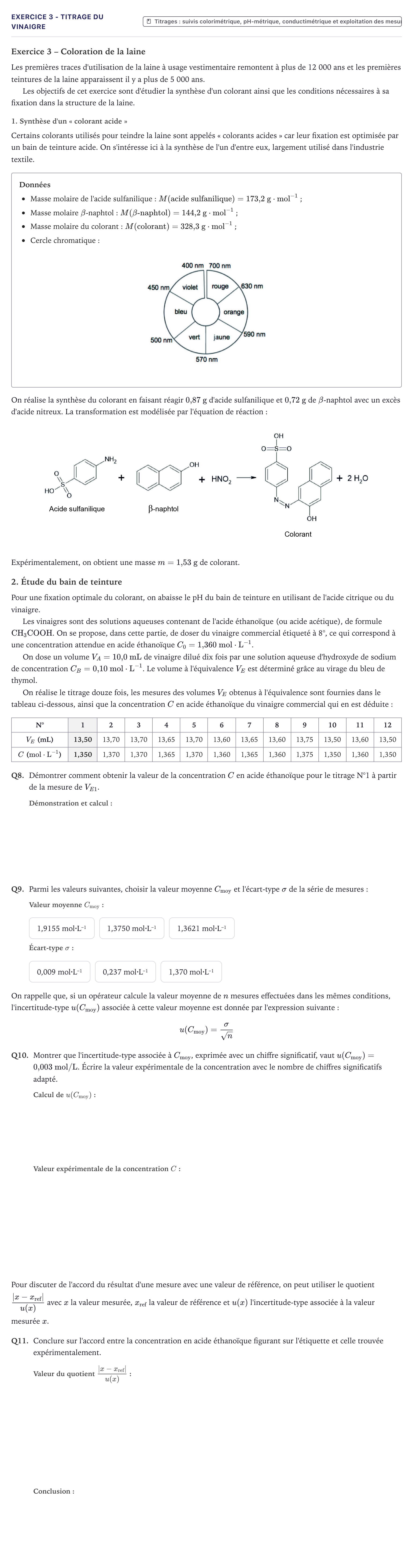 Énoncé: Exercice 3 - Titrage du vinaigre · Bac Physique-Chimie Métropole 2026 (sujet 1)