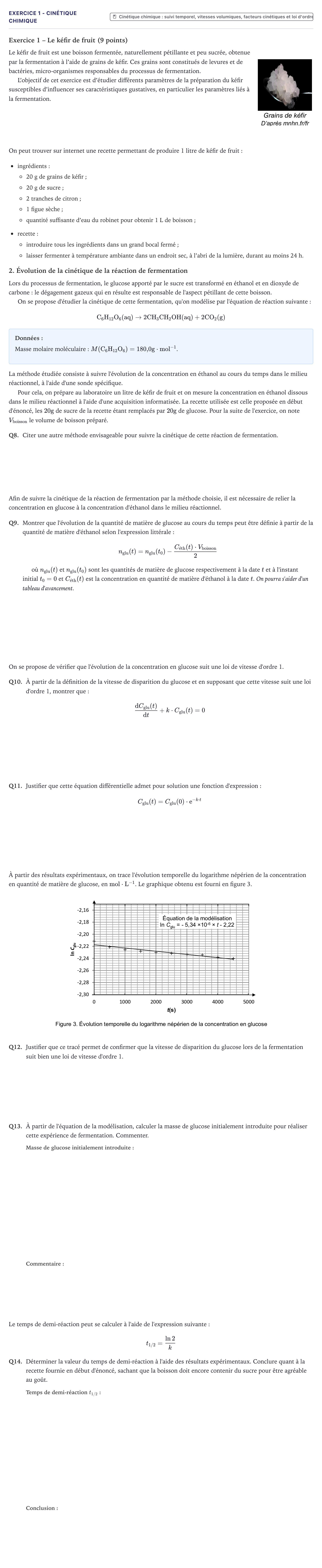 Énoncé: Exercice 1 - Cinétique chimique · Bac Physique-Chimie Métropole 2026 (sujet 2)