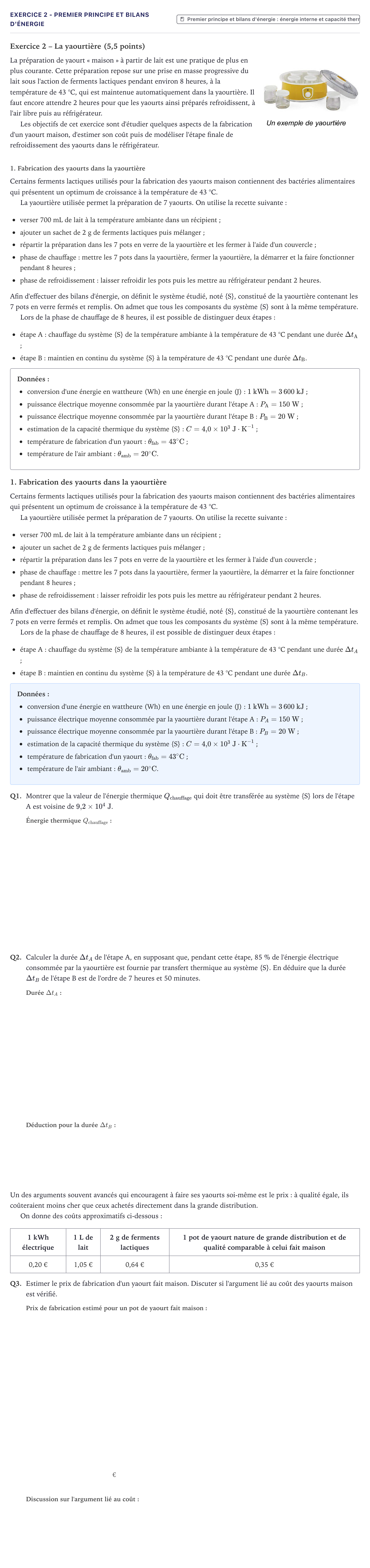 Énoncé: Exercice 2 - Premier principe et bilans d'énergie · Bac Physique-Chimie Métropole 2026 (sujet 2)