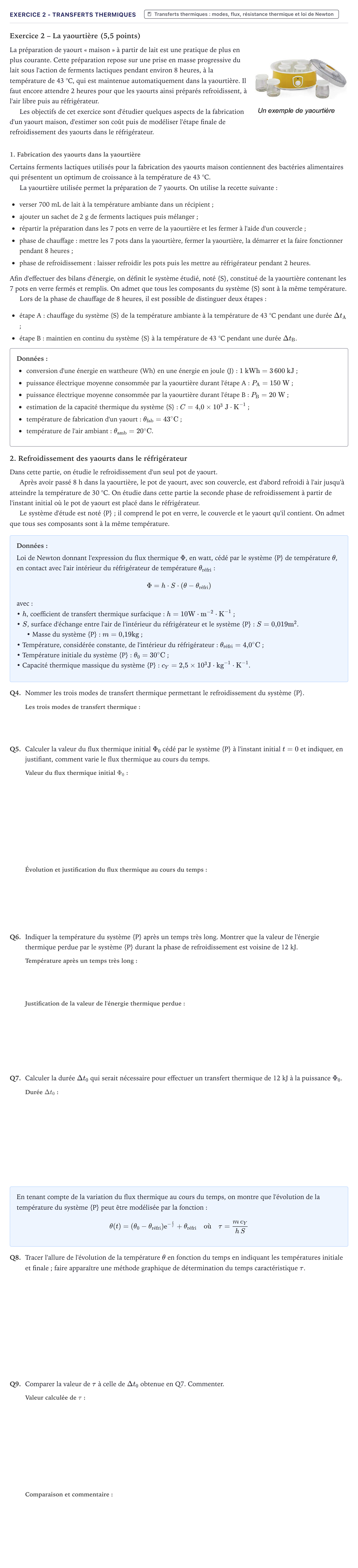 Énoncé: Exercice 2 - Transferts thermiques · Bac Physique-Chimie Métropole 2026 (sujet 2)