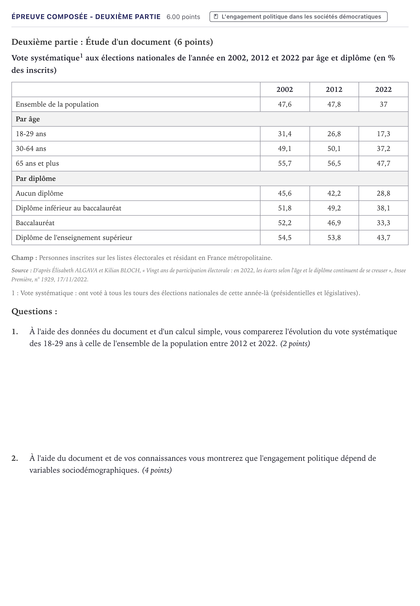 Énoncé: Épreuve composée - Deuxième partie · Bac Sciences Économiques et Sociales Métropole 2026 (sujet 1)