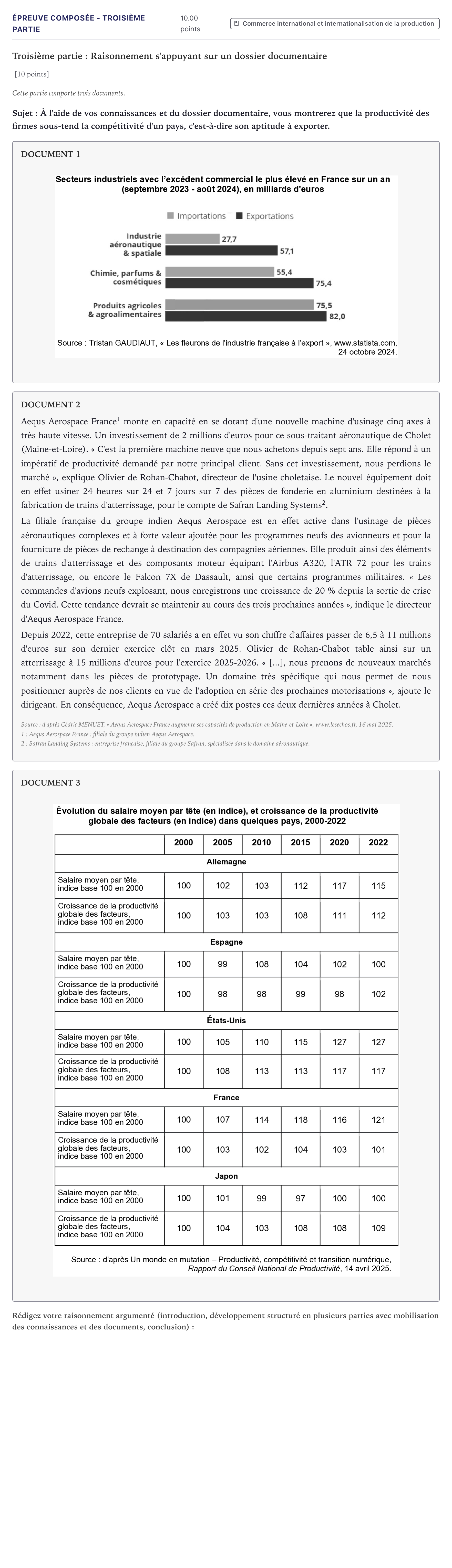 Énoncé: Épreuve composée - Troisième partie · Bac Sciences Économiques et Sociales Métropole 2026 (sujet 1)