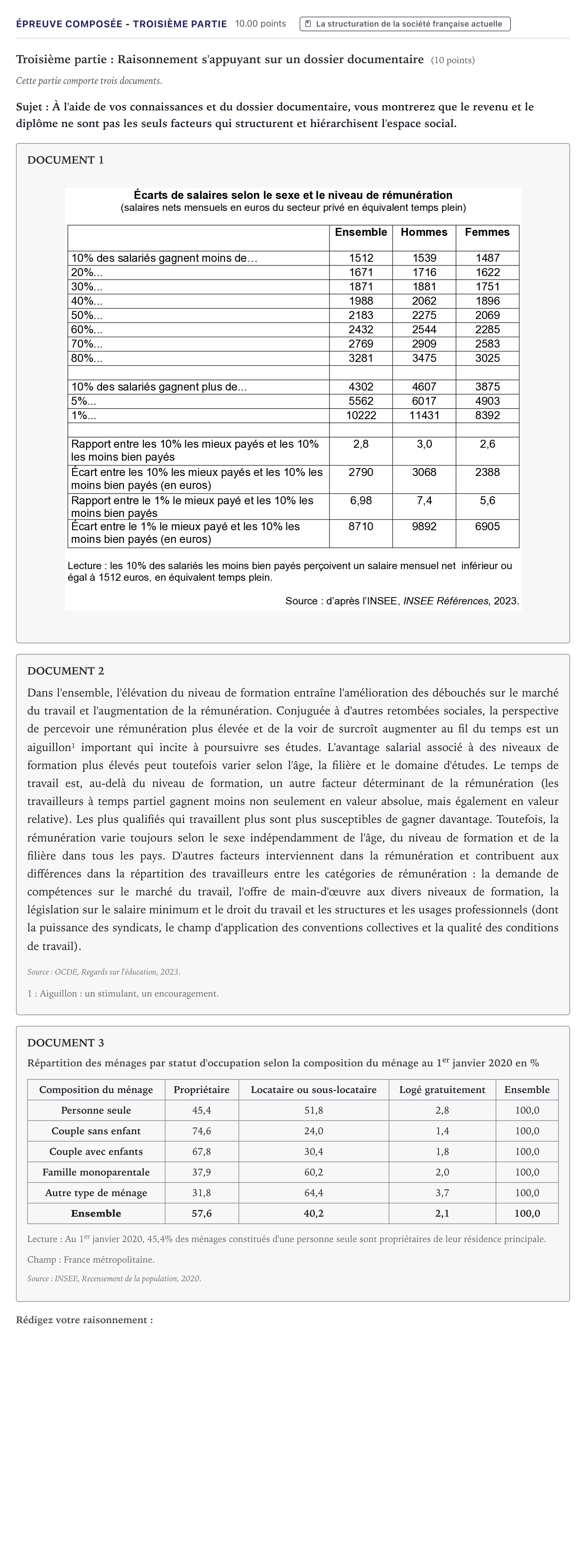 Énoncé: Épreuve composée - Troisième partie · Bac Sciences Économiques et Sociales Métropole 2026 (sujet 2)