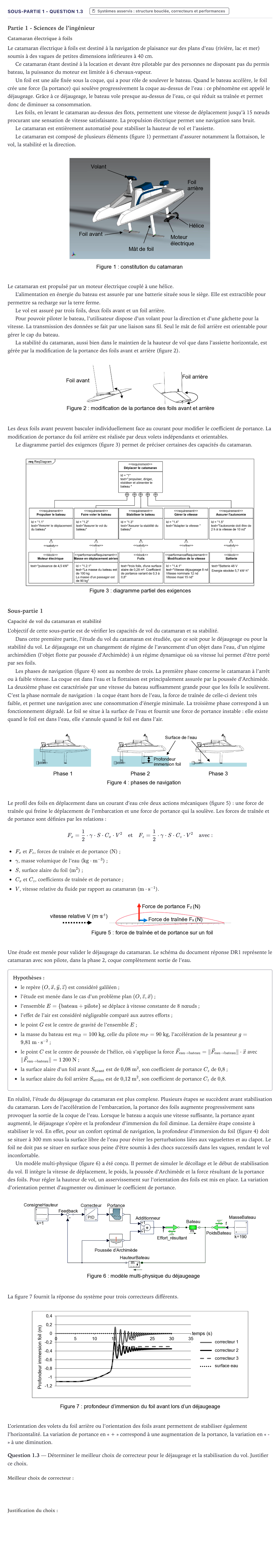 Énoncé: Exercice Sous-partie 1 - Question 1.3 · Bac Sciences de l'Ingénieur Métropole 2026 (sujet 1)