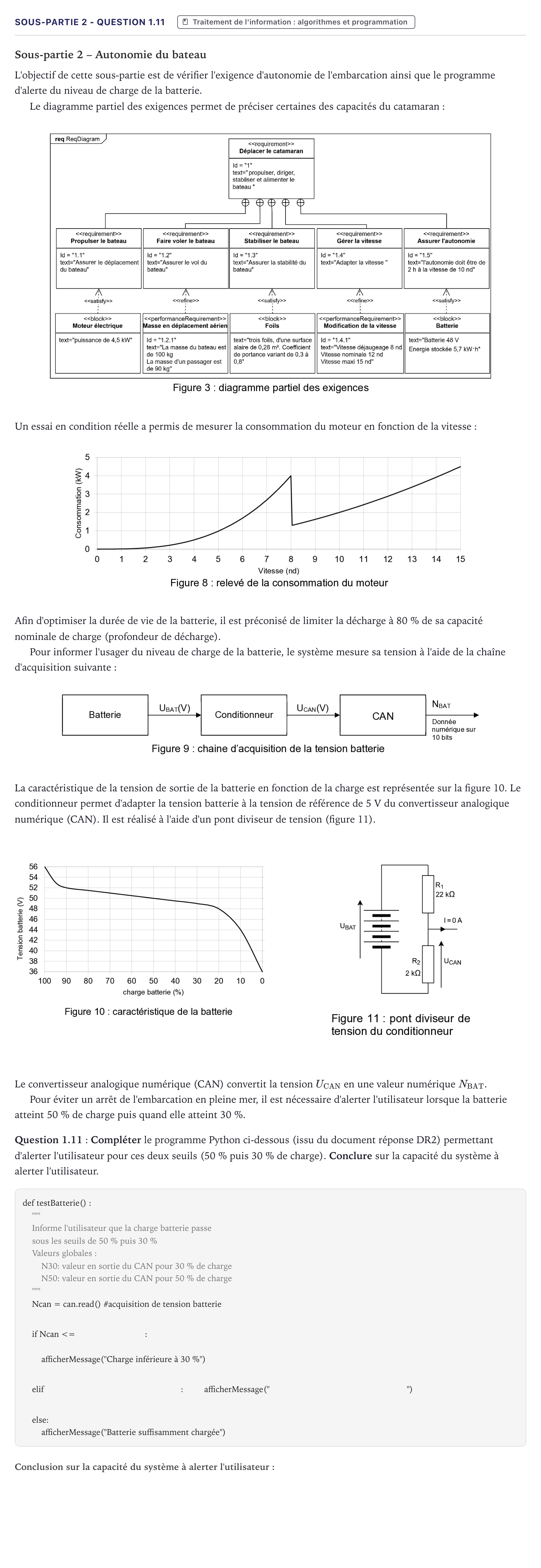 Énoncé: Exercice Sous-partie 2 - Question 1.11 · Bac Sciences de l'Ingénieur Métropole 2026 (sujet 1)