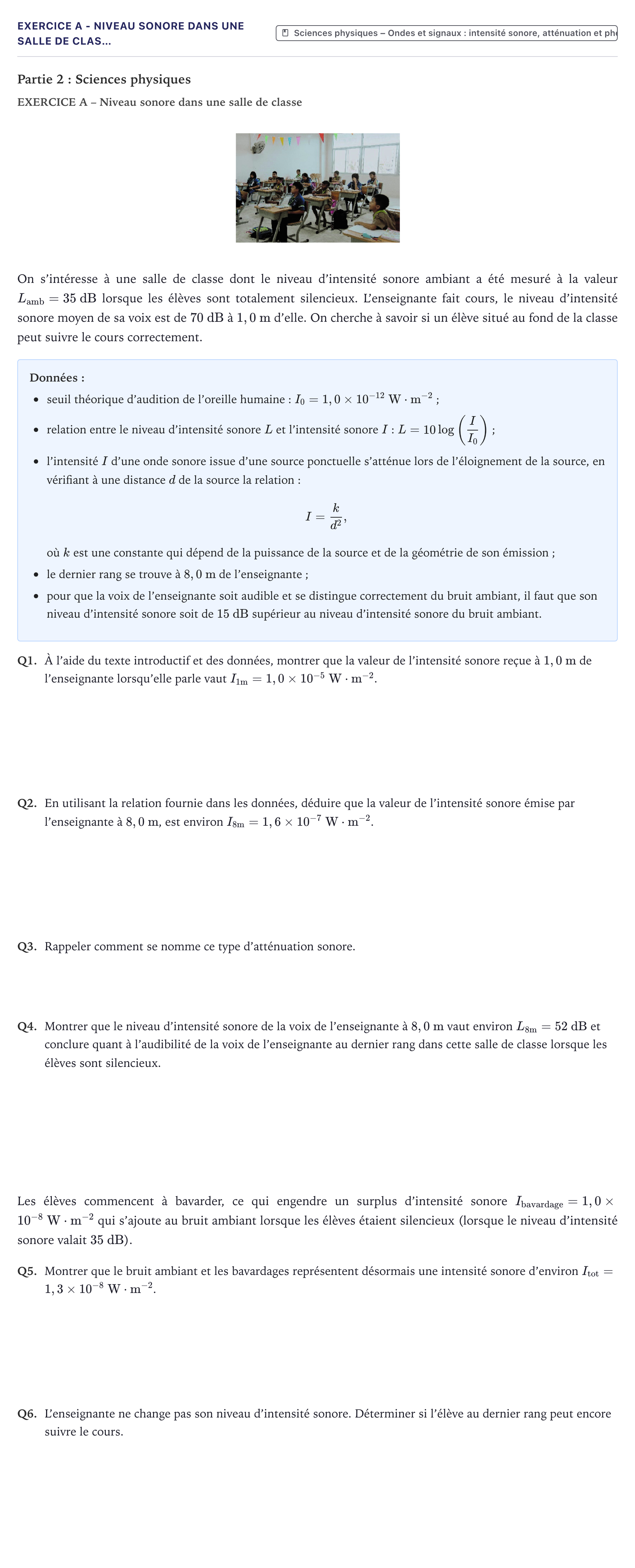 Énoncé: Exercice A - Niveau sonore dans une salle de clas… · Bac Sciences de l'Ingénieur Métropole 2026 (sujet 2)