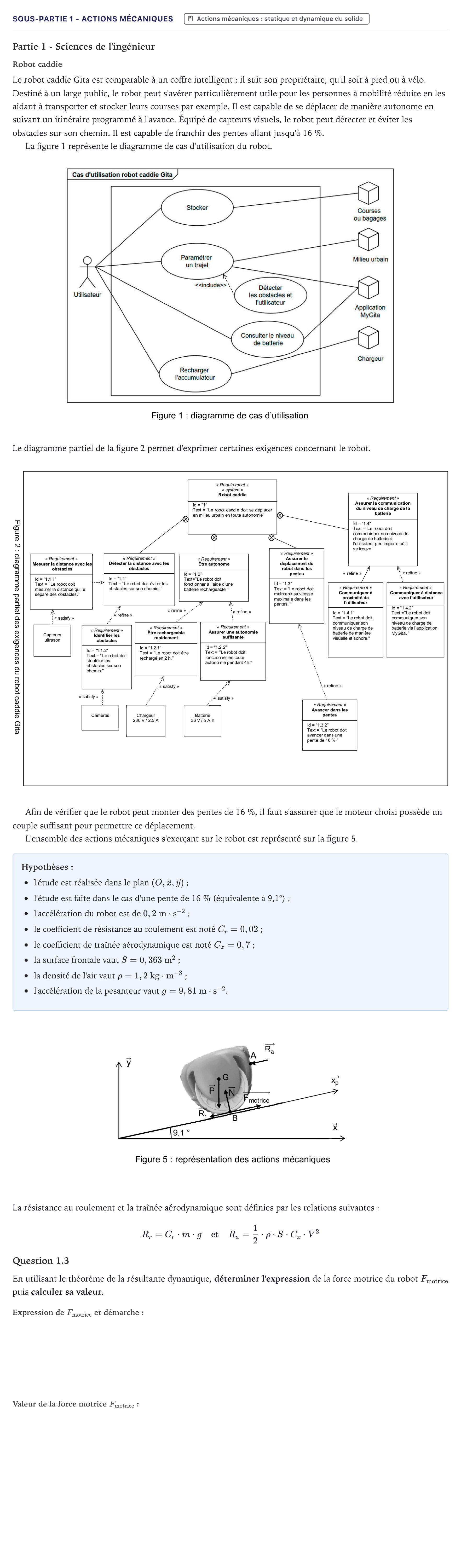 Énoncé: Exercice Sous-partie 1 - Actions mécaniques · Bac Sciences de l'Ingénieur Métropole 2026 (sujet 2)