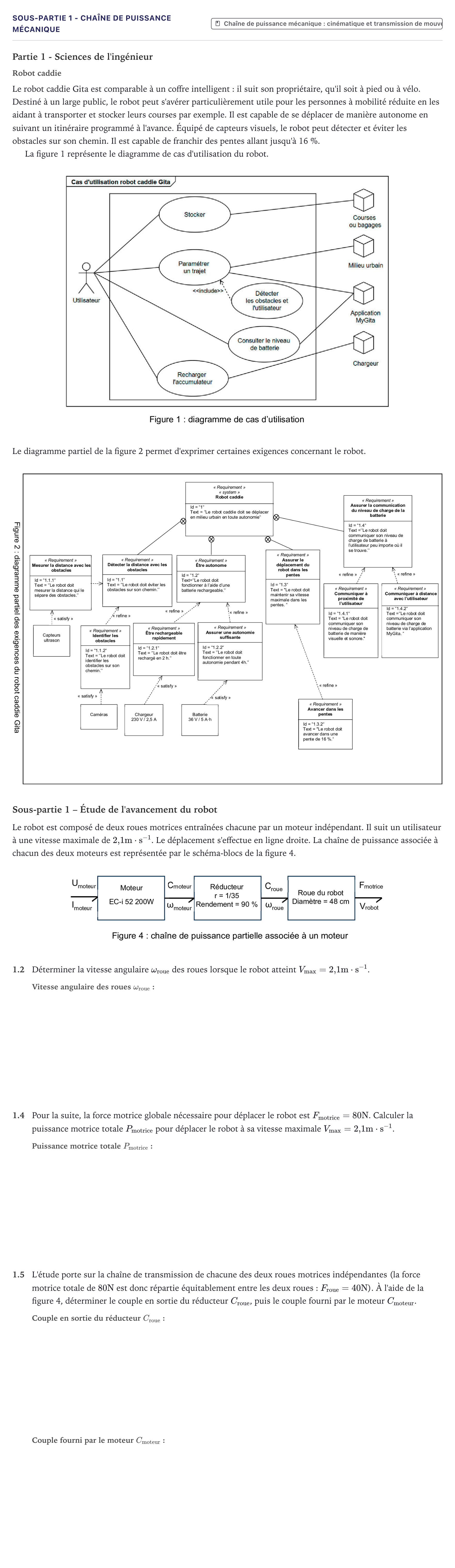 Énoncé: Exercice Sous-partie 1 - Chaîne de puissance mécanique · Bac Sciences de l'Ingénieur Métropole 2026 (sujet 2)