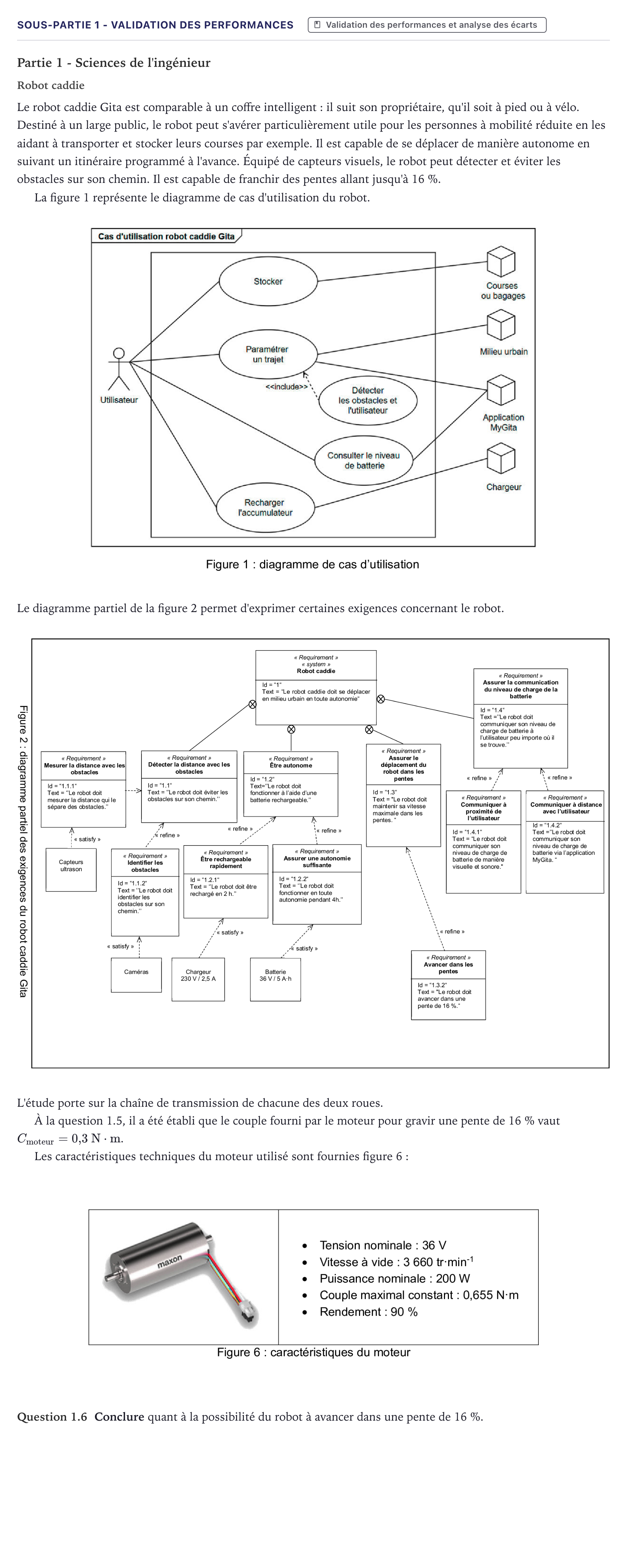 Énoncé: Exercice Sous-partie 1 - Validation des performances · Bac Sciences de l'Ingénieur Métropole 2026 (sujet 2)