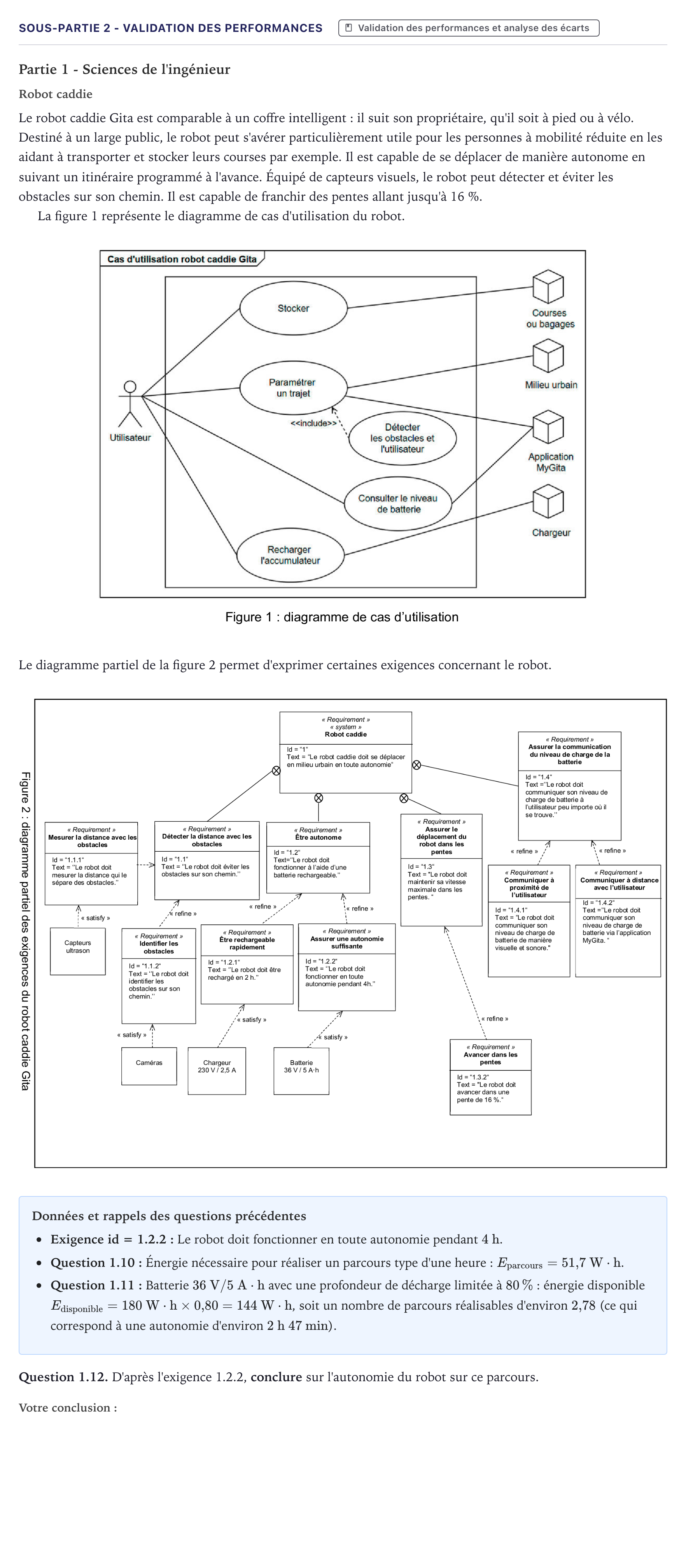 Énoncé: Exercice Sous-partie 2 - Validation des performances · Bac Sciences de l'Ingénieur Métropole 2026 (sujet 2)