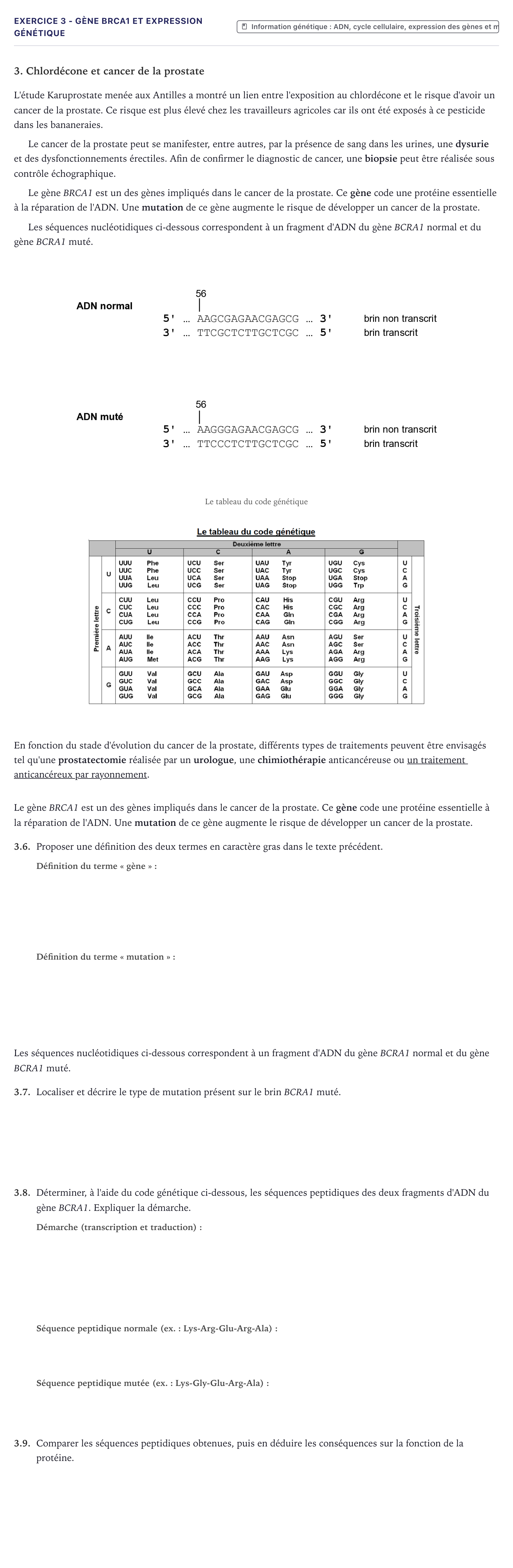 Énoncé: Exercice 3 - Gène BRCA1 et expression génétique · Bac ST2S Chimie, Biologie et Physiopathologie Humaines Métropole 2026