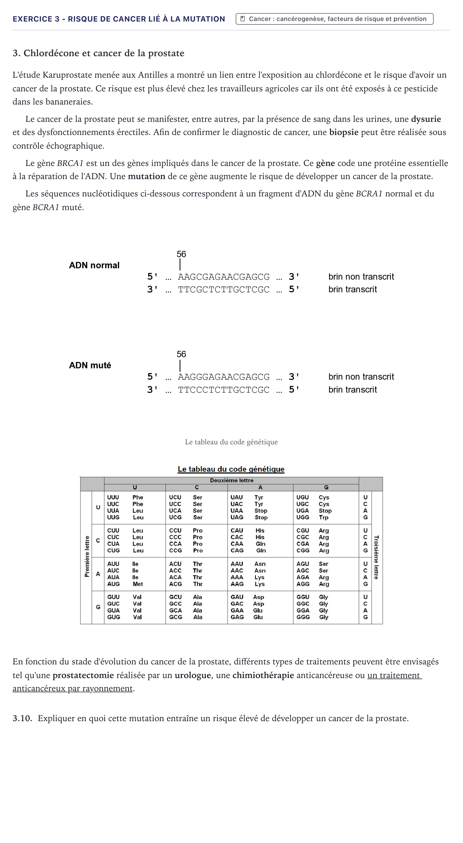 Énoncé: Exercice 3 - Risque de cancer lié à la mutation · Bac ST2S Chimie, Biologie et Physiopathologie Humaines Métropole 2026