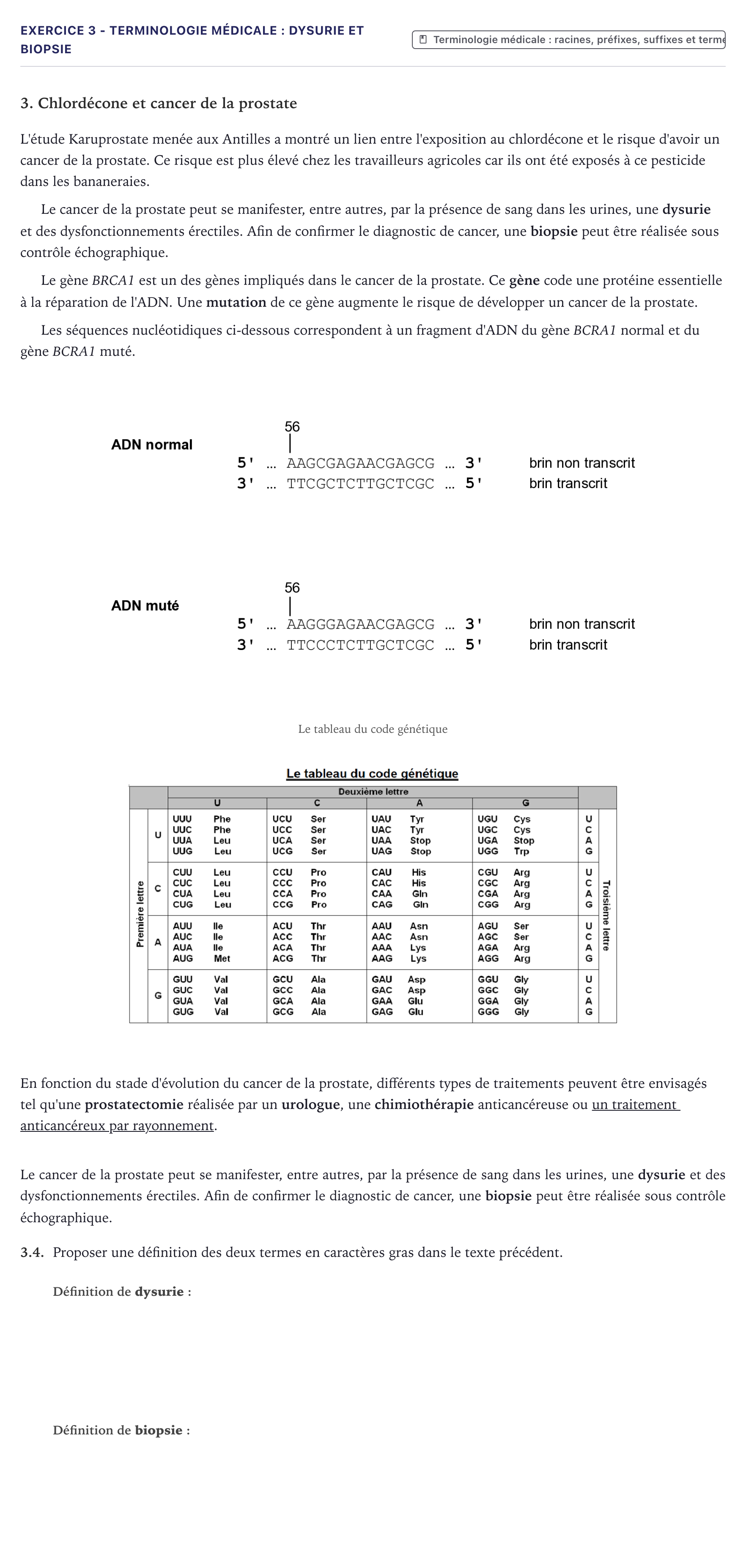 Énoncé: Exercice 3 - Terminologie médicale : dysurie et biopsie · Bac ST2S Chimie, Biologie et Physiopathologie Humaines Métropole 2026