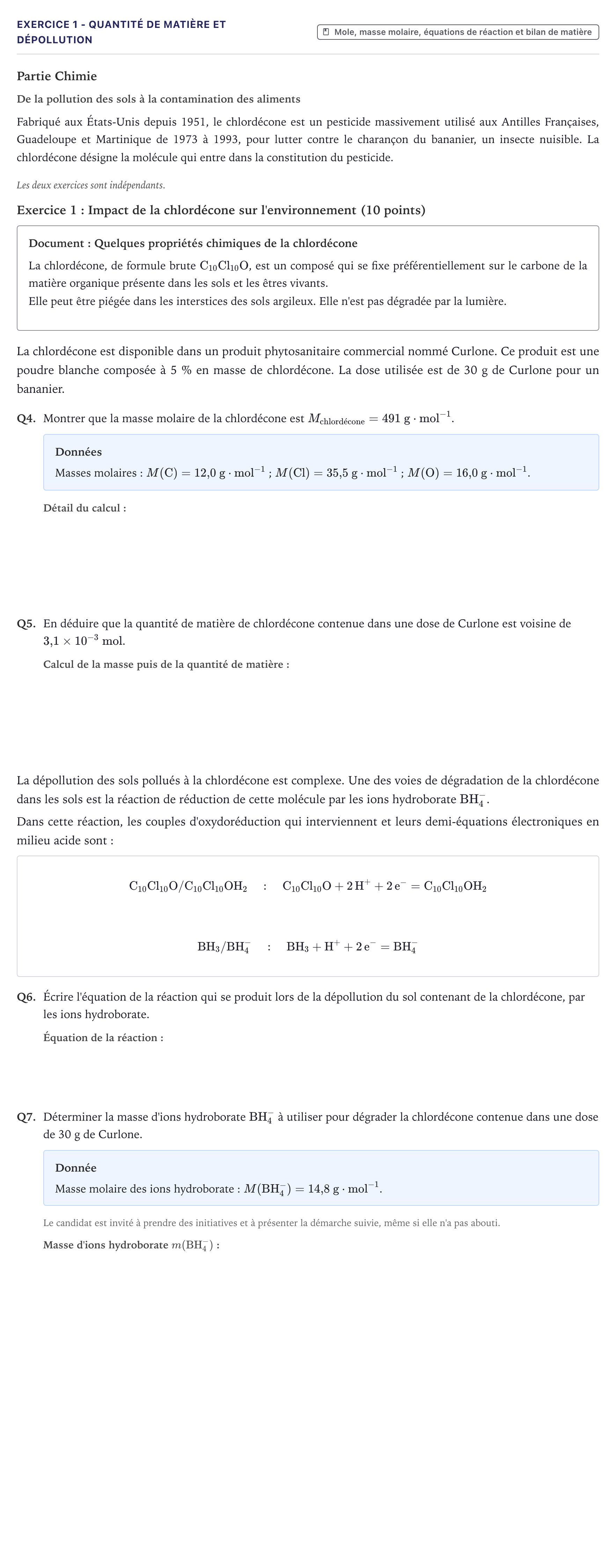 Énoncé: Exercice 1 - Quantité de matière et dépollution · Bac ST2S Chimie, Biologie et Physiopathologie Humaines Métropole 2026