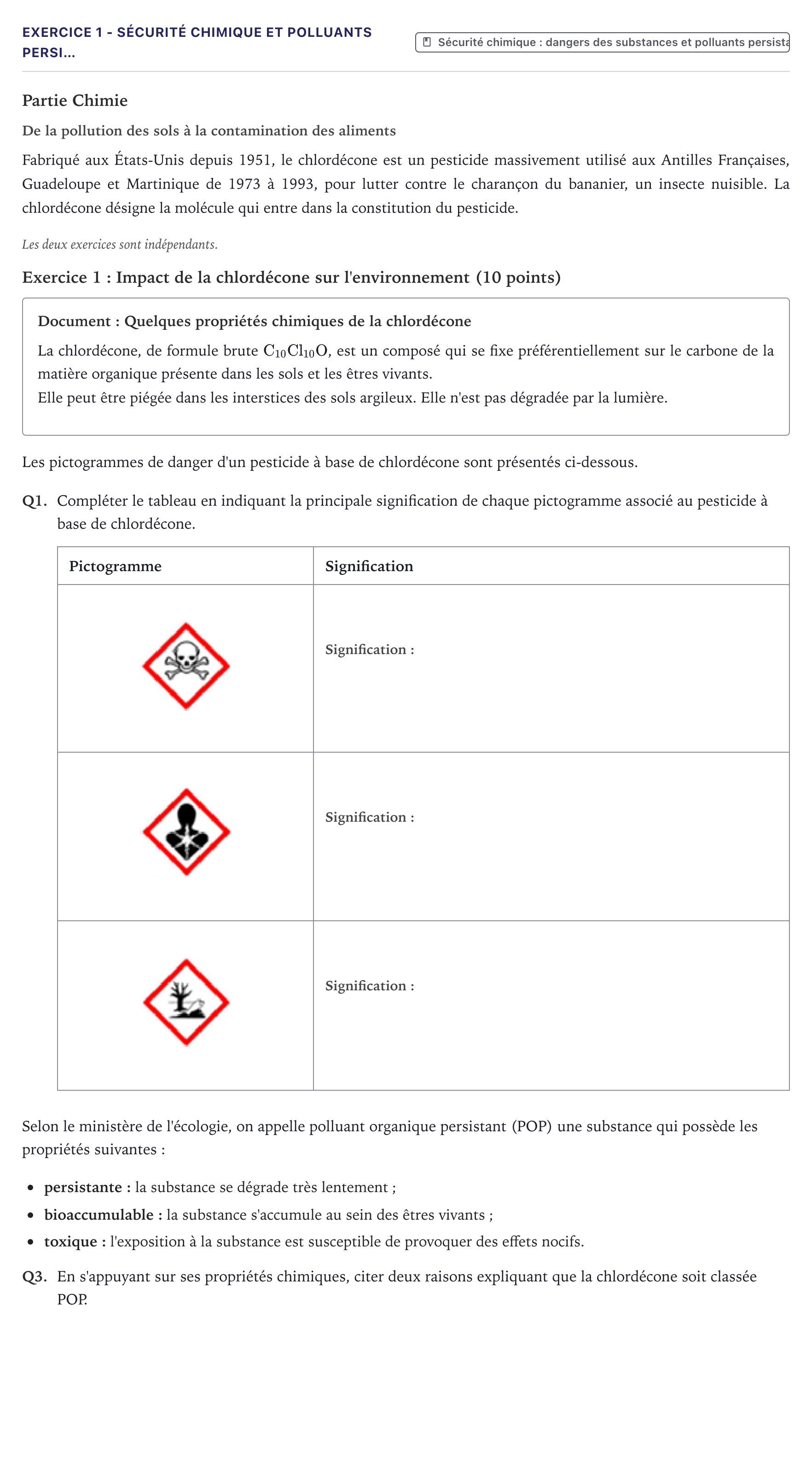 Énoncé: Exercice 1 - Sécurité chimique et polluants persi… · Bac ST2S Chimie, Biologie et Physiopathologie Humaines Métropole 2026